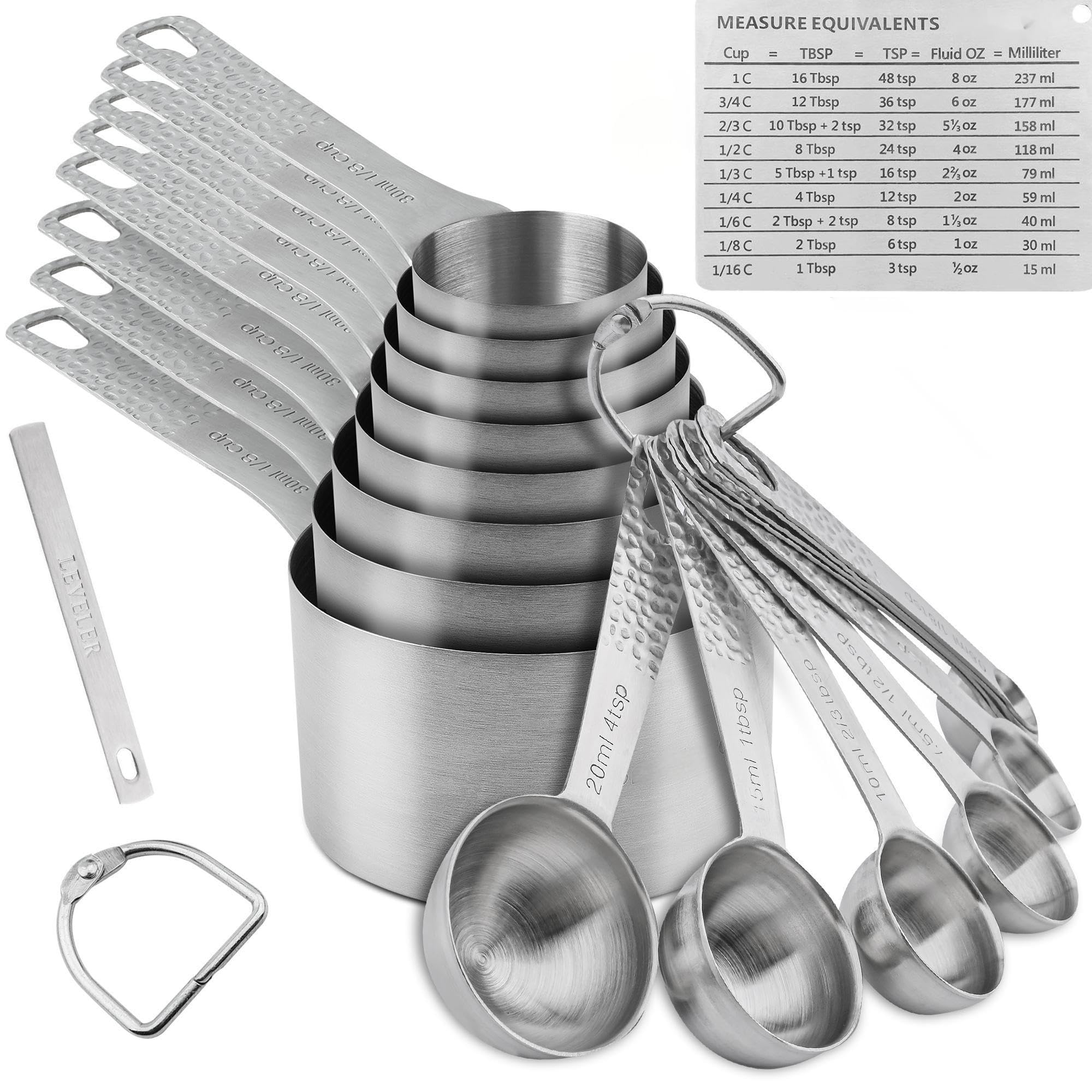 Kalsreui Measuring Cups and Spoons Set 19, Stainless Steel Measuring Cups and Spoons Set for Baking, Metric &US Metal Kitchen 8 Measuring Cup & 9 Measure Spoon & Equivalents & Leveler Set