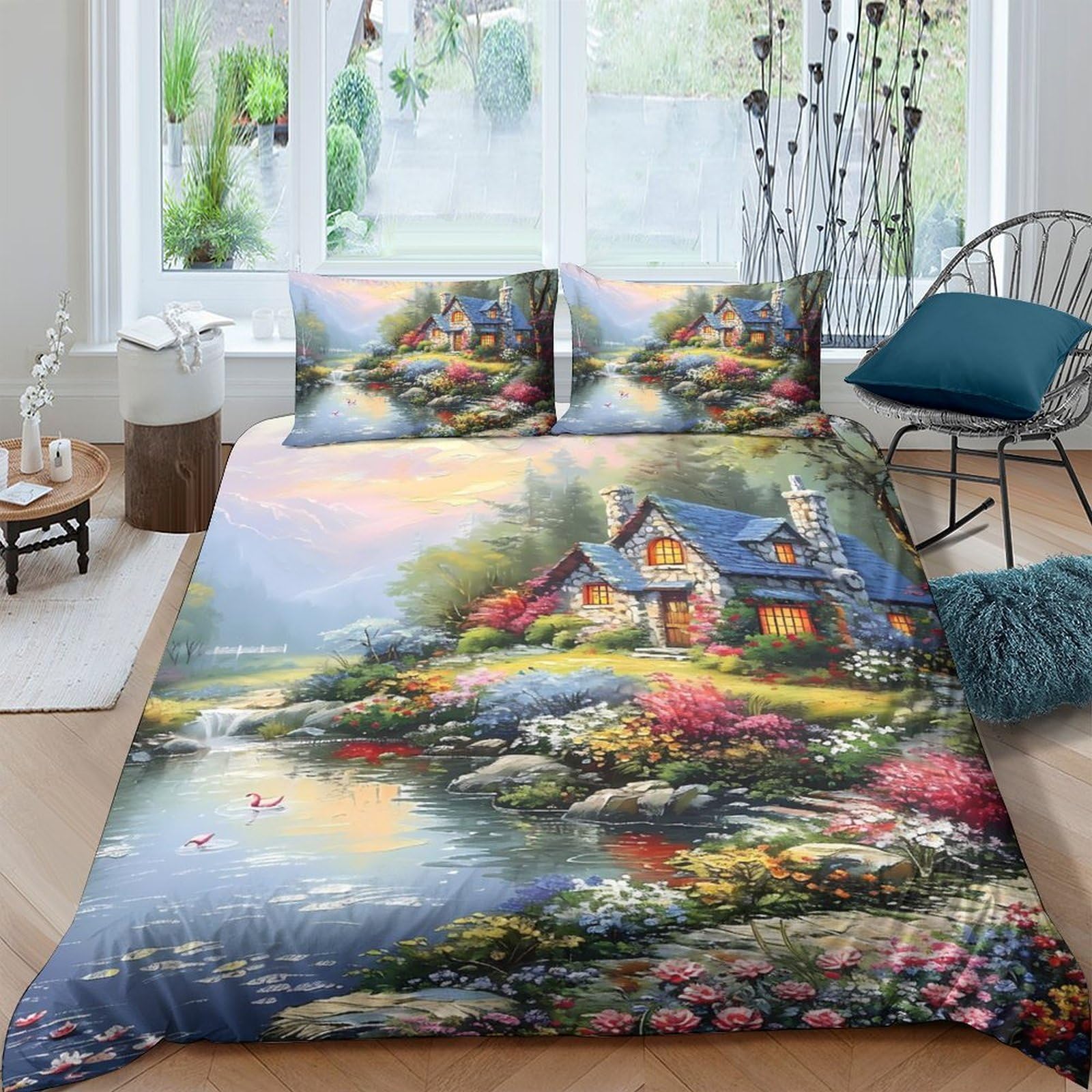 Ctjqhvkz Style-4 3D Printed Cottage Garden Fitted Sheet Microfiber Colorful Landscape Bed Cover For Bedroom Guest Room Decor Single（135X200cm）
