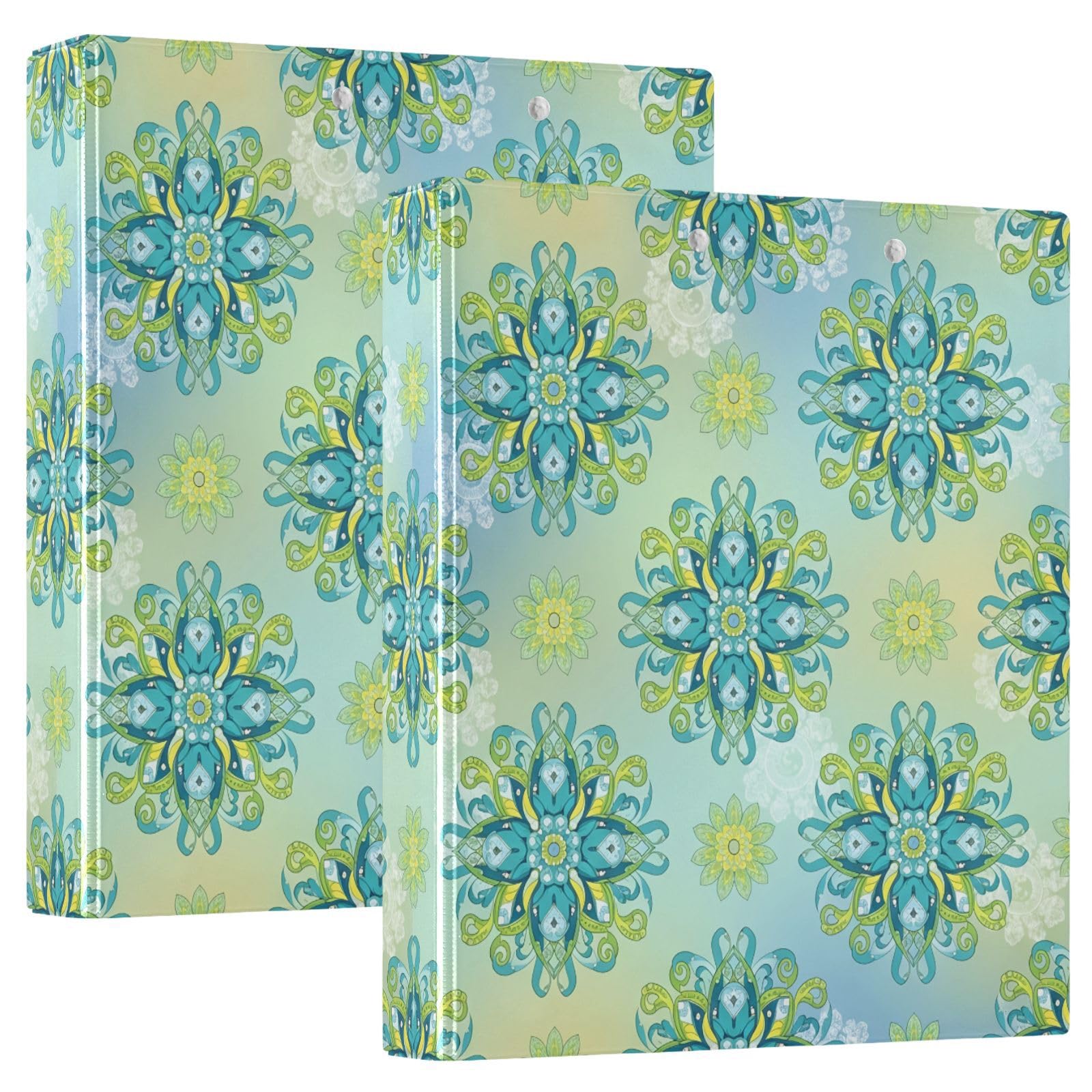 Raccoglitori a 3 anelli, 3,8 cm, motivo mandala, rotondi, decorativi, con clip in metallo, formato A4, organizer per casa e ufficio, confezione da 2