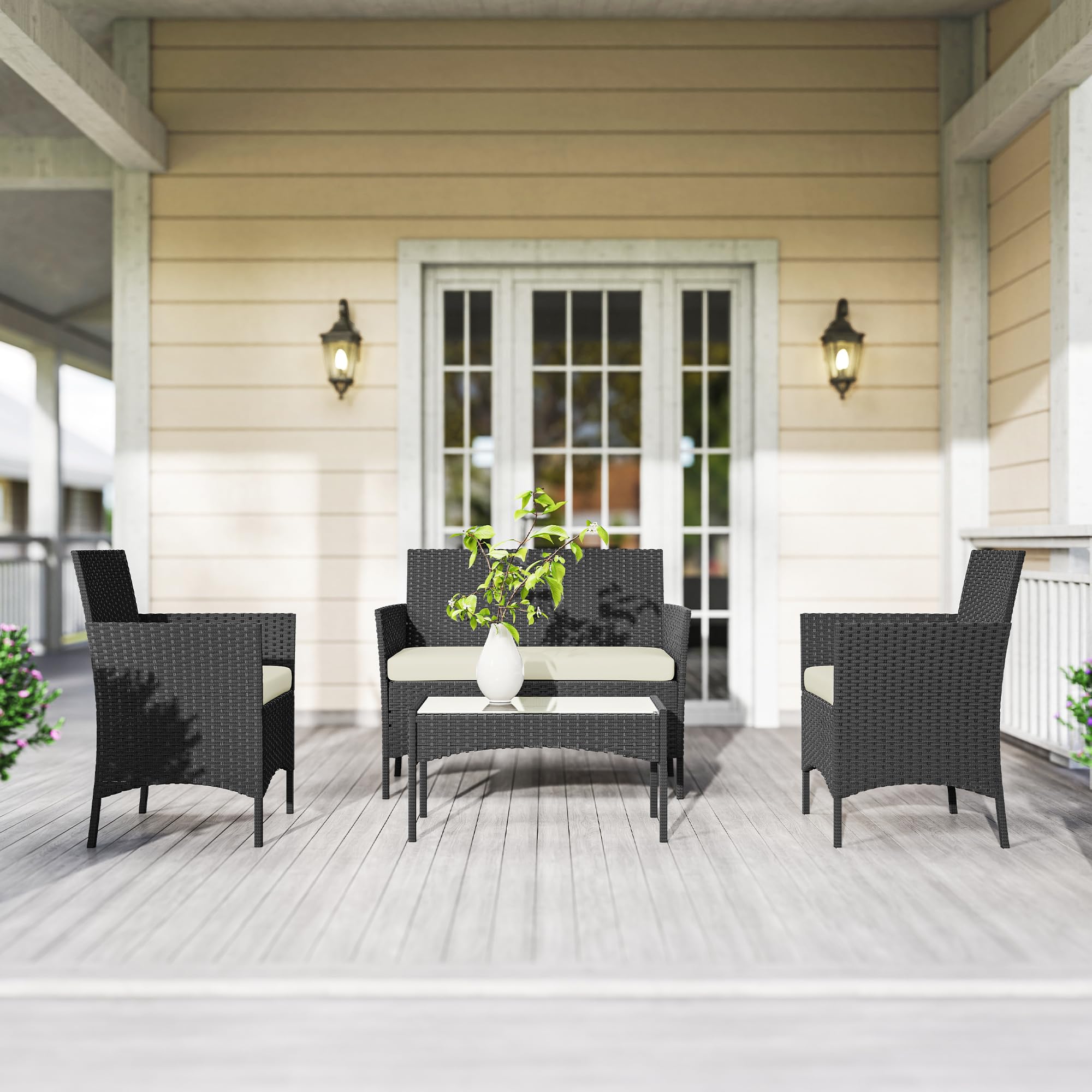 Outsunny 4 Seater Rattan Garden Furniture Set, 4 Piece Garden Sofa Set with Loveseat, Armchairs, Glass-Top Coffee Table, Cushions, Wicker Outdoor Furniture for Conservatory Patio, Cream White — view 9
