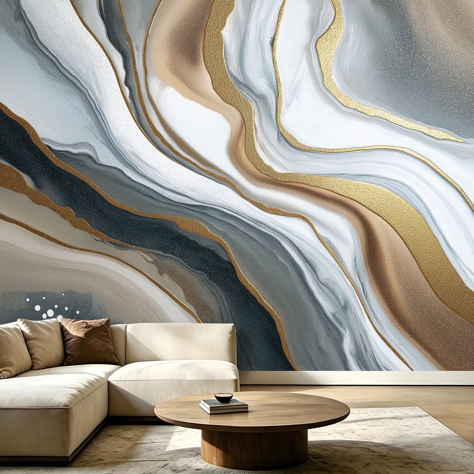 Carta da parati panoramica in tessuto non tessuto astratto, moderna, 350 x 256 cm, decorazione per soggiorno e camera da letto, effetto 3D, effetto marmo, sabbie pieghevoli, ondulate sfumate