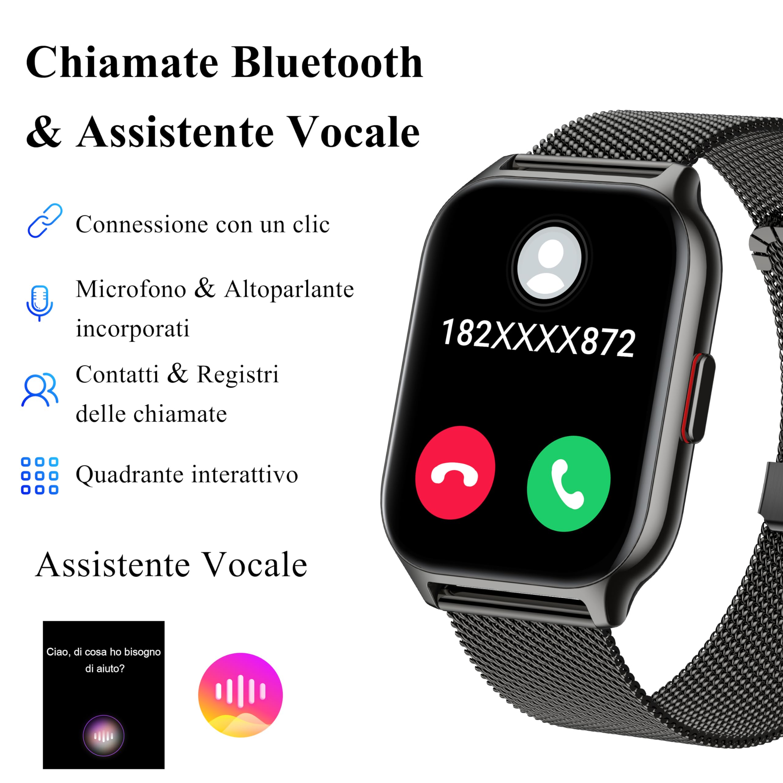 Popglory Smartwatch, Uomo Donna Effettua/Risposta Chiamate Orologio, 100+ modalità Sportive Fitness, SpO2/Pressione Sanguigna/Sonno Monitor, 24H Cardiofrequenzimetro, Compatibile con iOS/Android