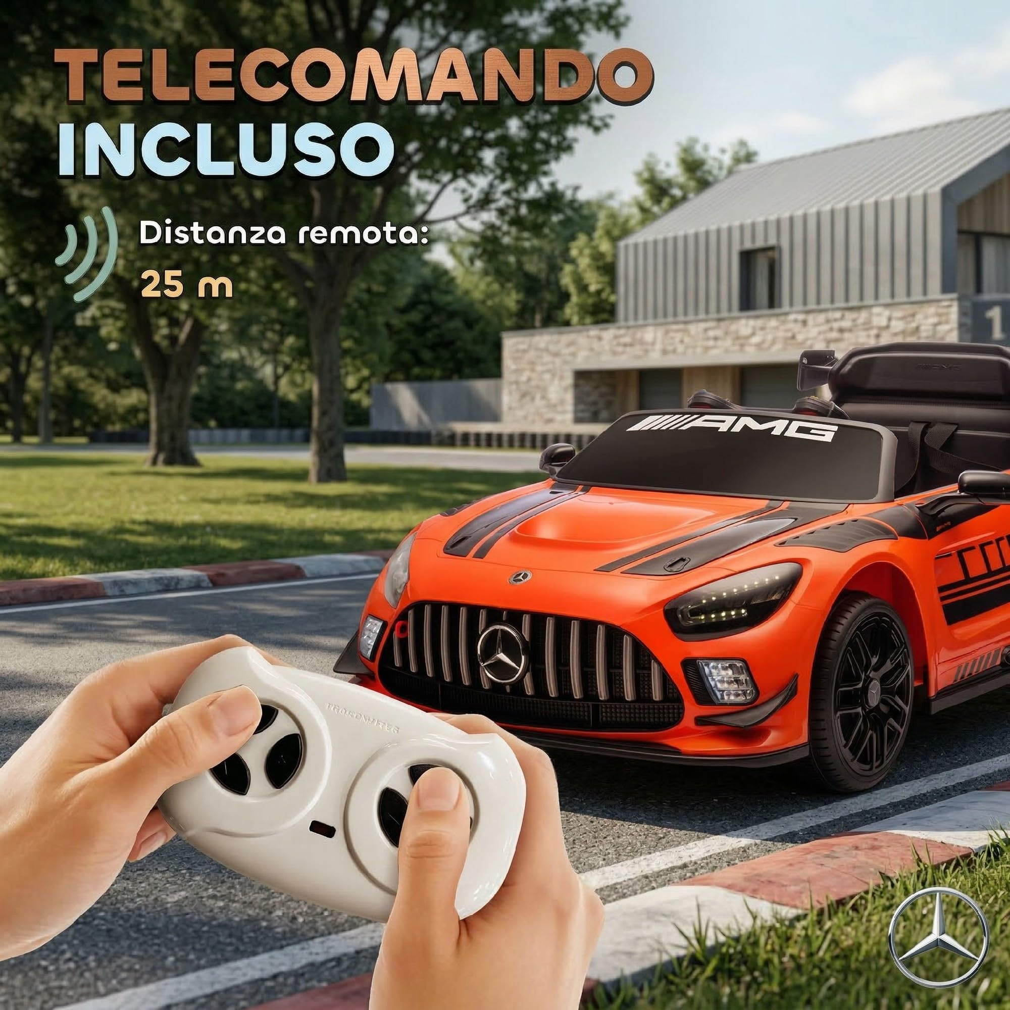 AIYAPLAY Macchina Elettrica per Bambini Mercedes-AMG GT3, 12V Auto Elettrica per Bambini 3-8 Anni con 2 Motori, Telecomando, Luci LED, Musica Wireless, Maniglia e Rotelle di Trasporto, Arancione