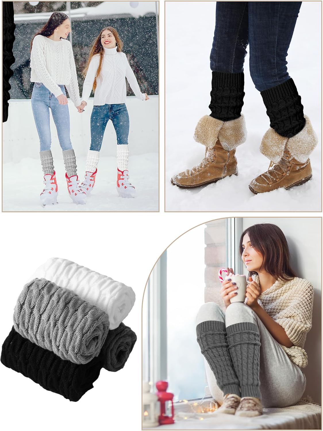 Shihanee 4 Pairs Fleece Leg Warmers for Women Thermal Elastic Skating Leg Warmer Solid Color Long Boot Socks for Daily Wear - Image 6