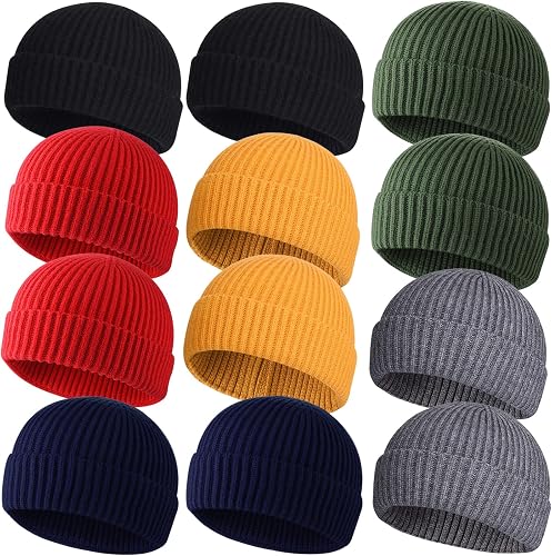 12pcs Wool Fisherman Beanies for Men, Knit Short Watch Cap Winter Warm Hats
