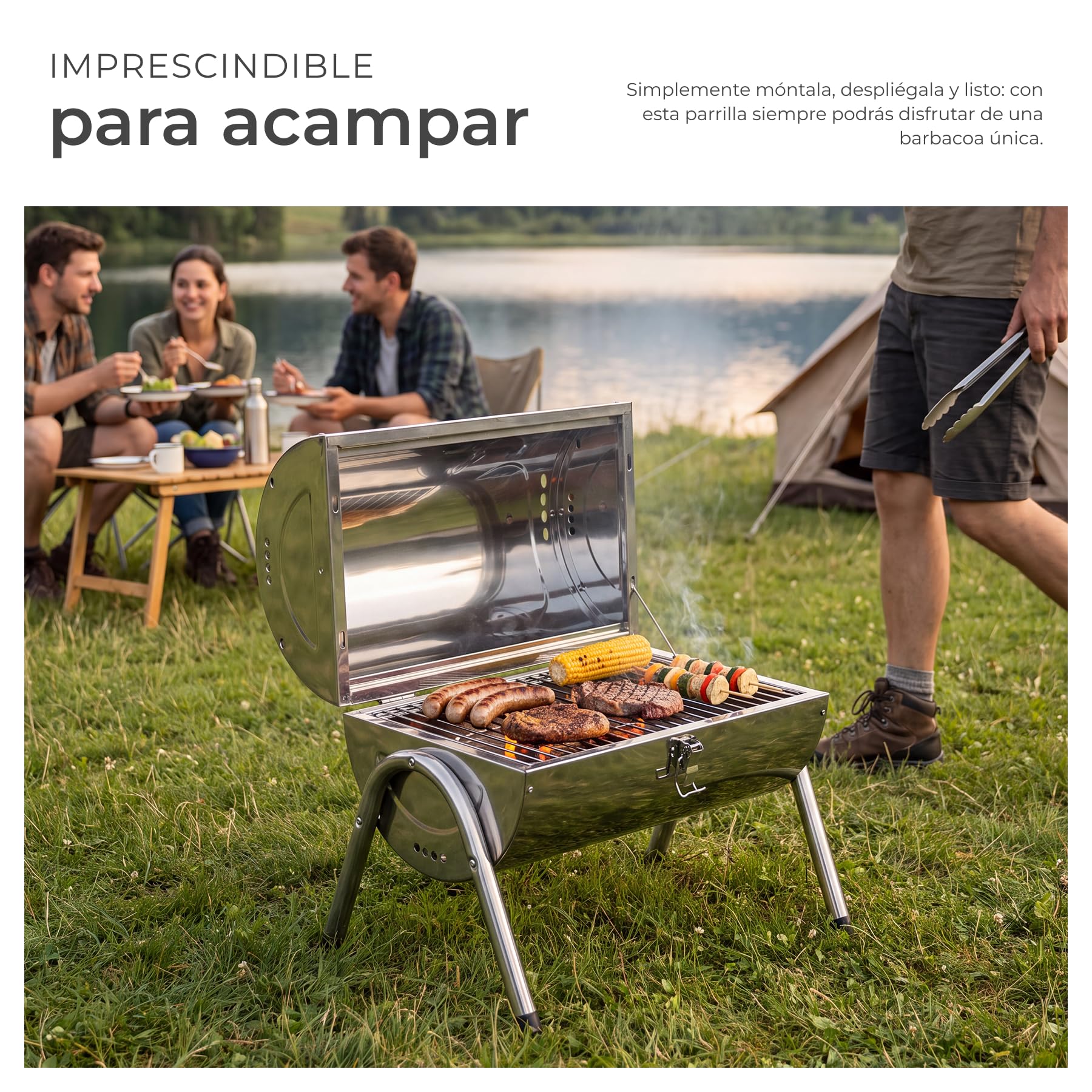 tectake® Parrilla Acero Inoxidable Portátil, Doble Zona, 2 Bandejas
