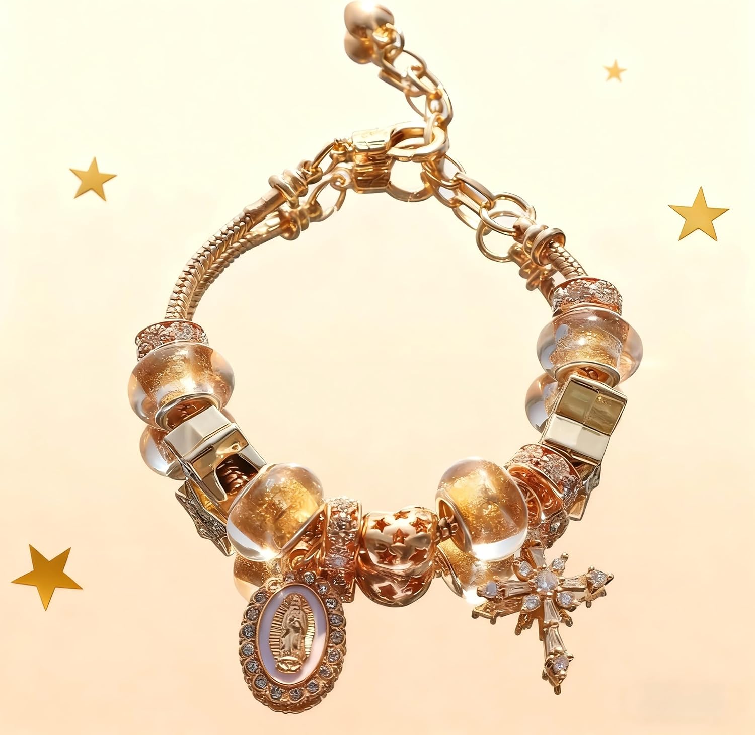 Charm Bracelets For Women Rhinestone Heart Bracelet With Cross Charms Gold Beaded Jesus Bracelet For Women Daily Fashion Jewelry - Image 4