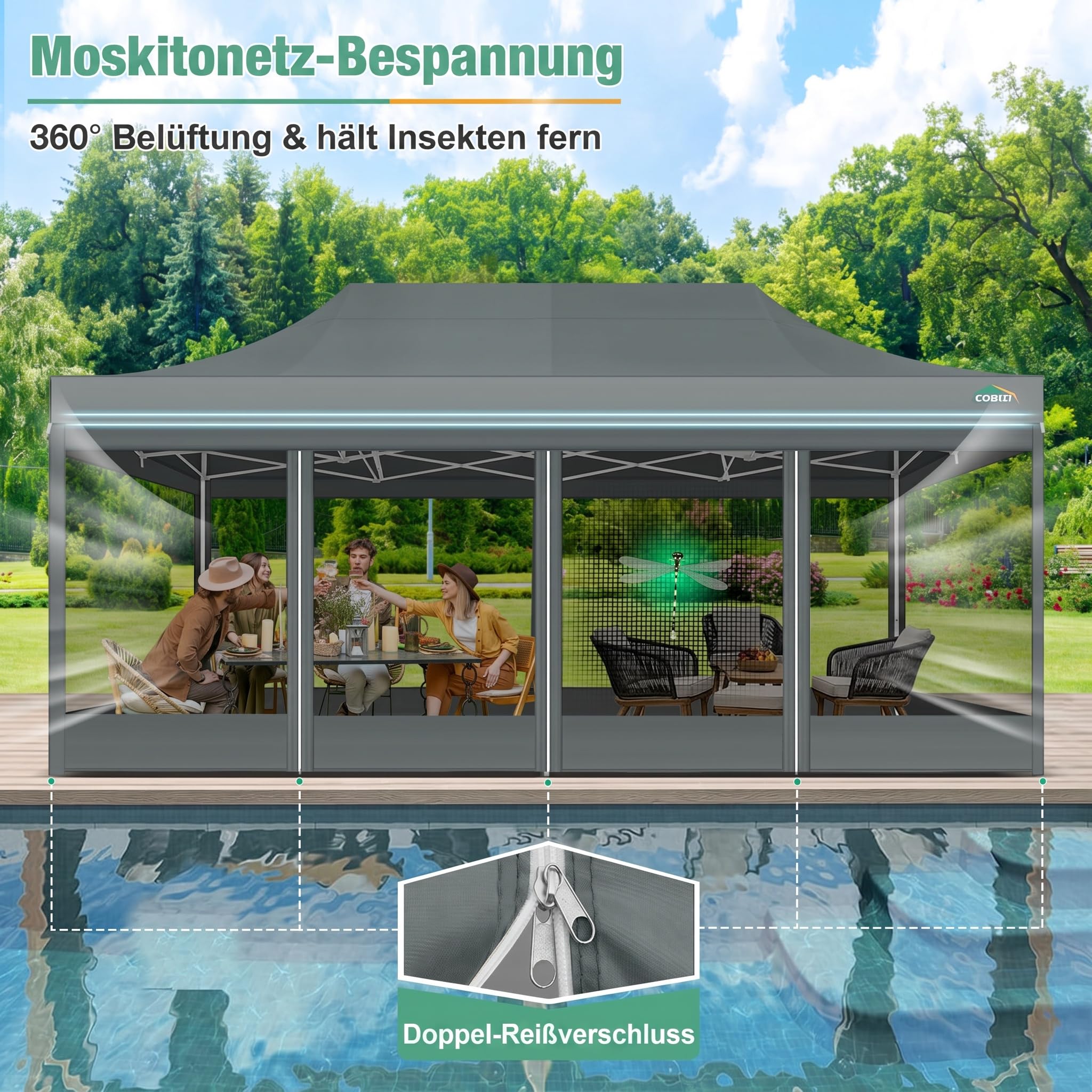COBIZI Faltpavillon 3x6 m mit Moskitonetz, wasserdicht, stabil