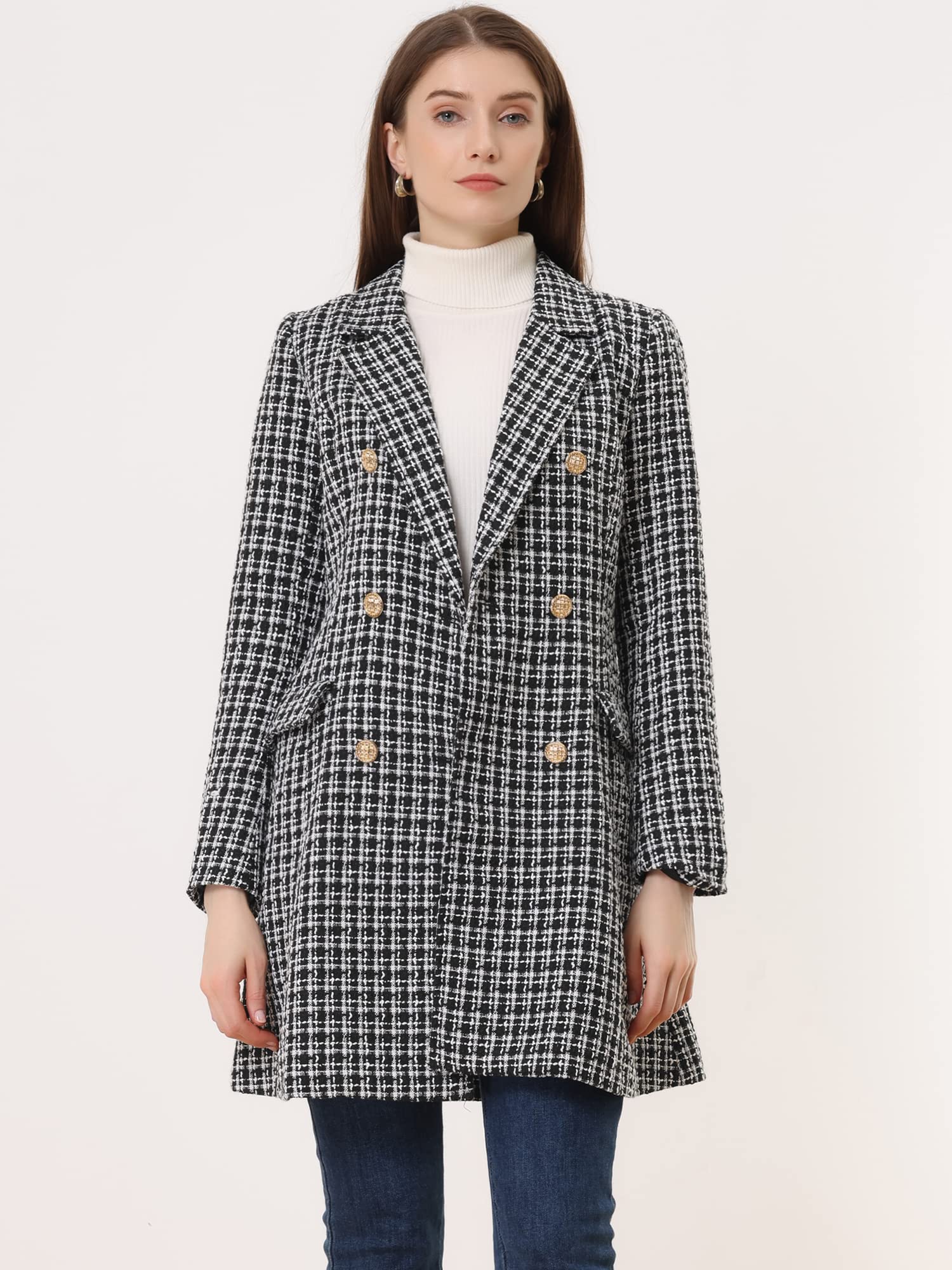 Allegra K Donna Giacca Lunga in Tweed Plaid Doppiopetto
