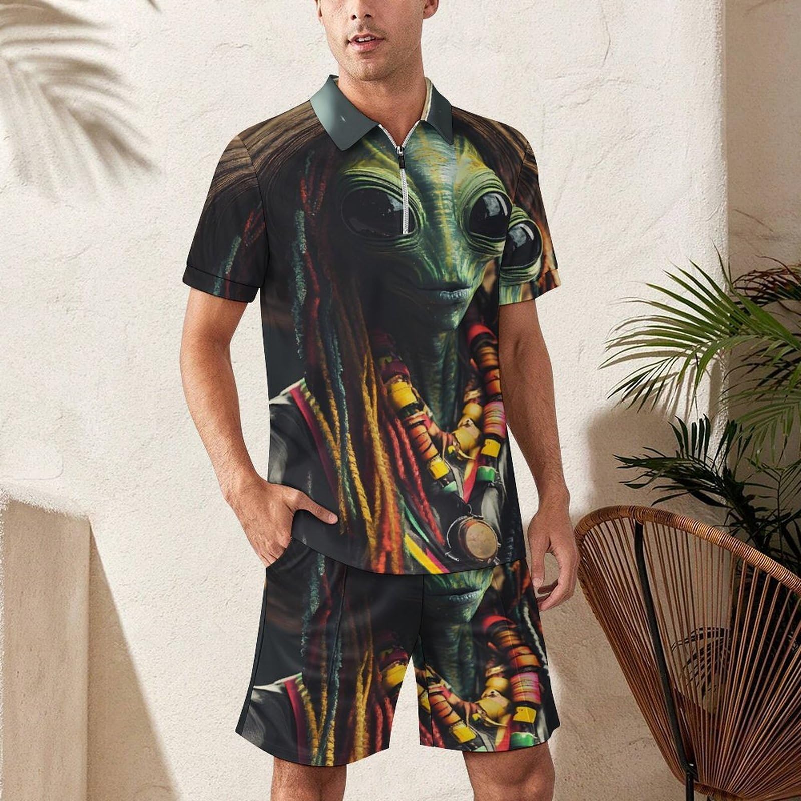 Aliens Reggae - Tuta da uomo estiva, polo e pantaloncini, set da 2 pezzi, maglietta e pantaloni con mezza zip
