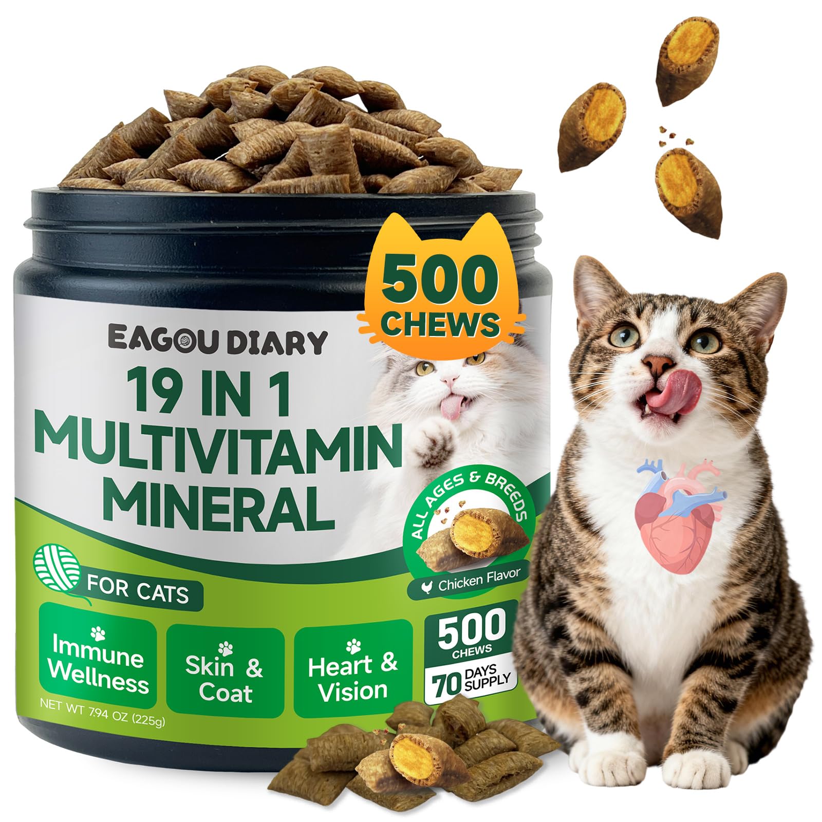 Taurina para Gatos Vitaminas - 500 Golosinas, 19 en 1 CardíAca & Visión Felina, Energía & Vitalidad, Inmune, Multivitamínico para Gatos Taurina, Minerales, Premios Vitaminados para Gato