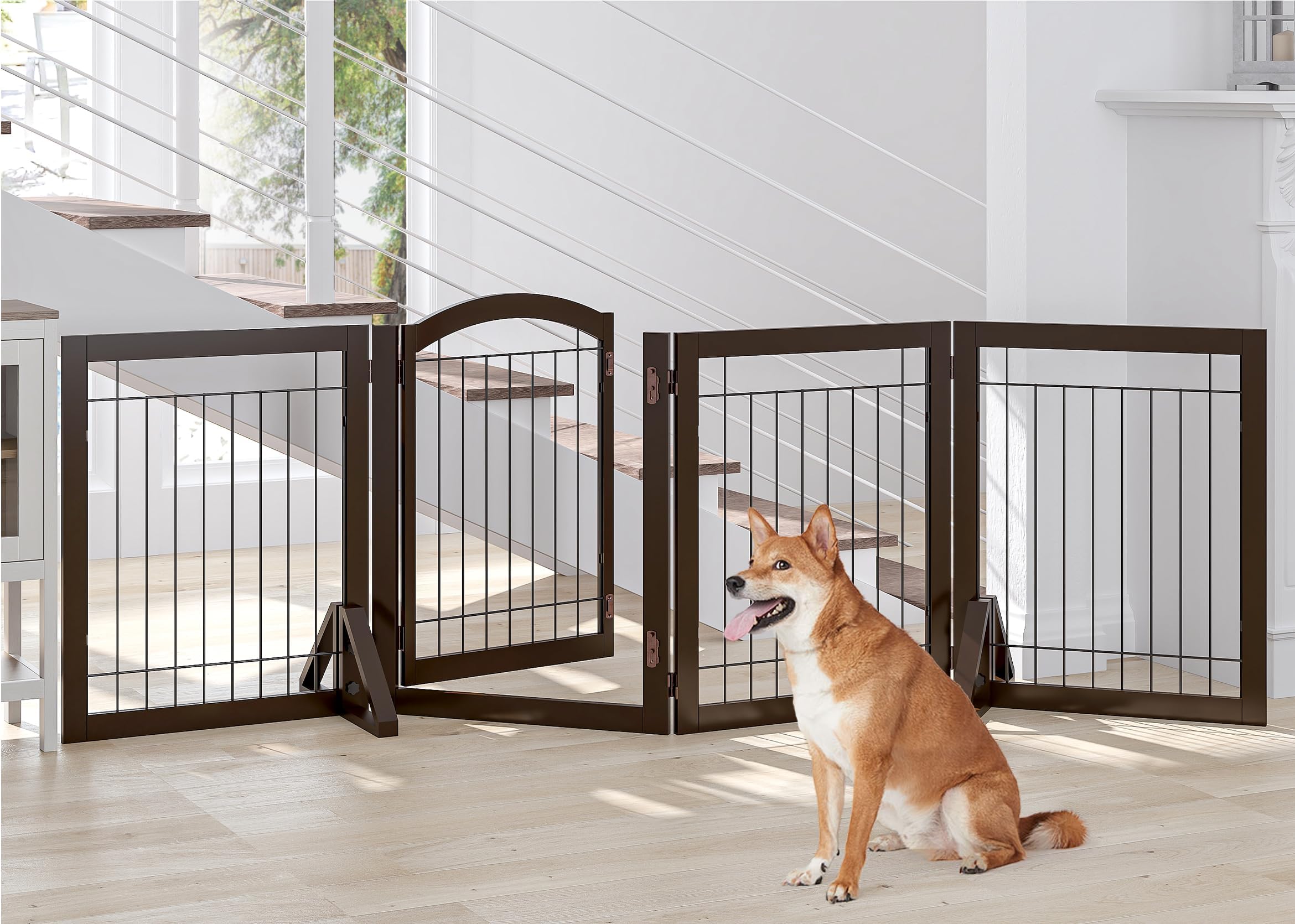 SPIRICH 96-inch Extra Wide 30-inches Tall Dog Gate Indoor with Door Walk Through, Freestanding Wire Pet Gate for The House, Doorway, Stairs, Pet Puppy Safety Fence, Support Feet Included(Espresso)