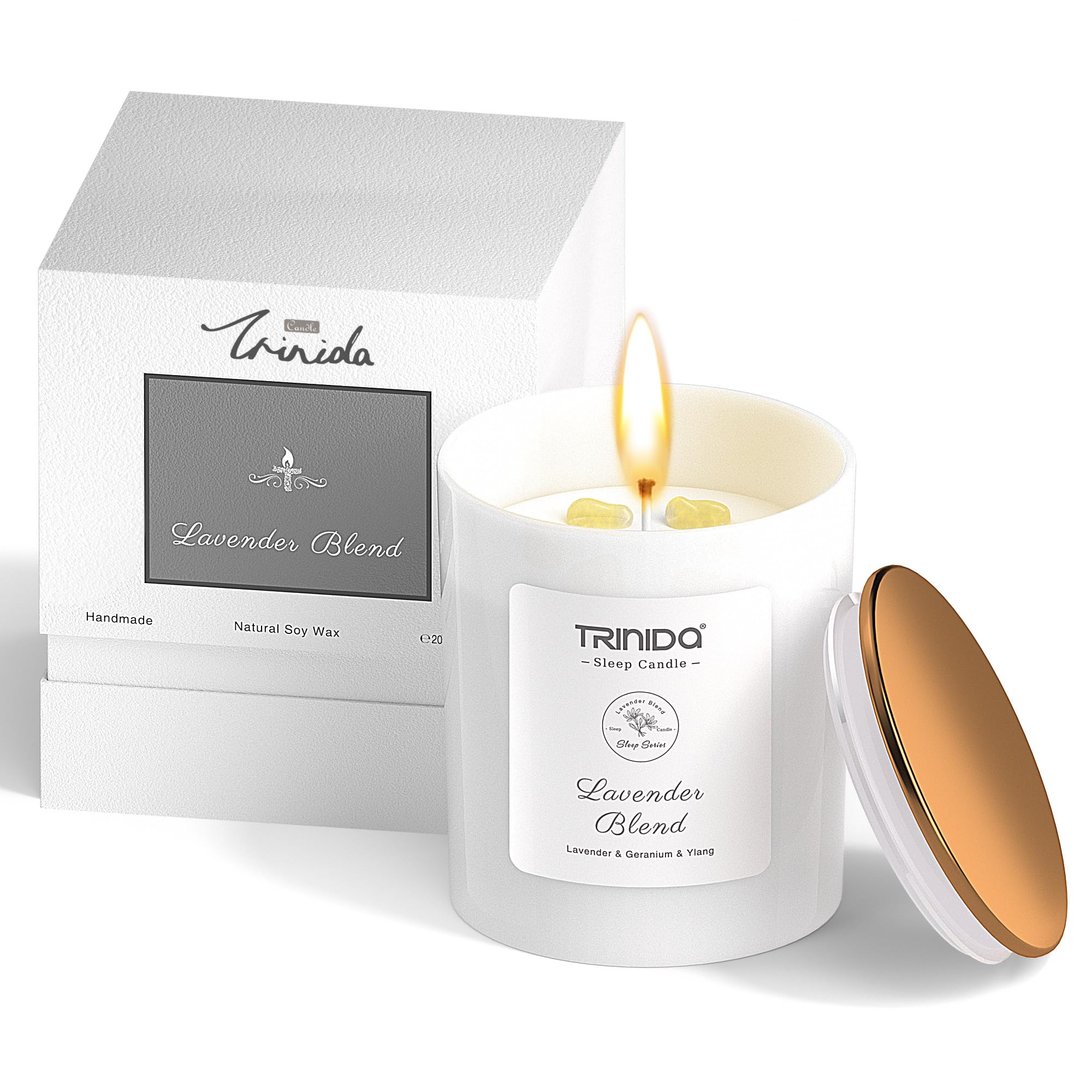 TRINIDa Aromatherapy Candle – Non-Toxic Soy Wax Candle with Citrine Crystal, Lavender Blend Essential Oil for Stress Relief, Long-Lasting, Natural & Organic, Candle Gift for Women, Ideal Home Candle