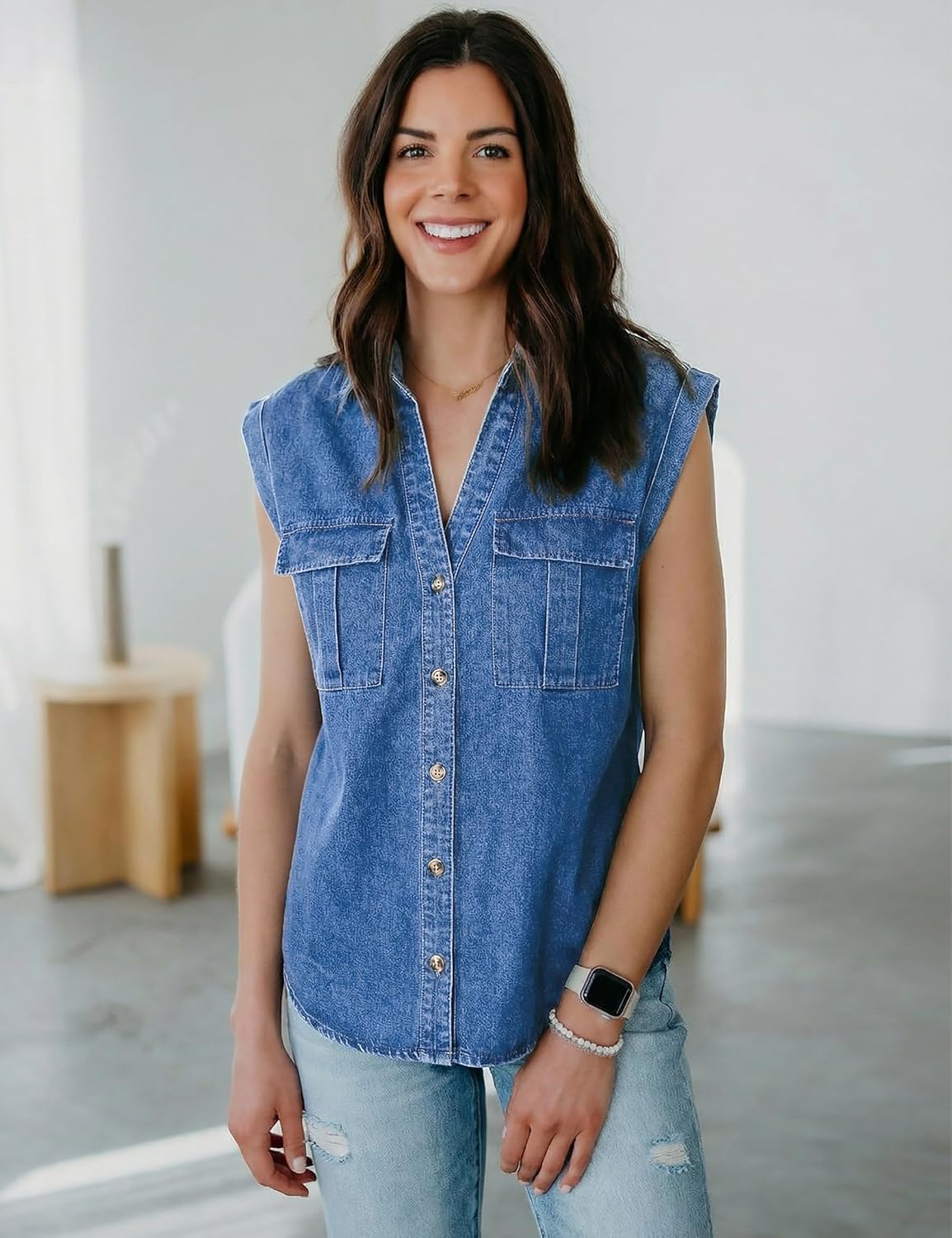 Women's Sleeveless Denim Shirts, Button Down V Neck Jean Cap Blouse Top Trendy Casual
