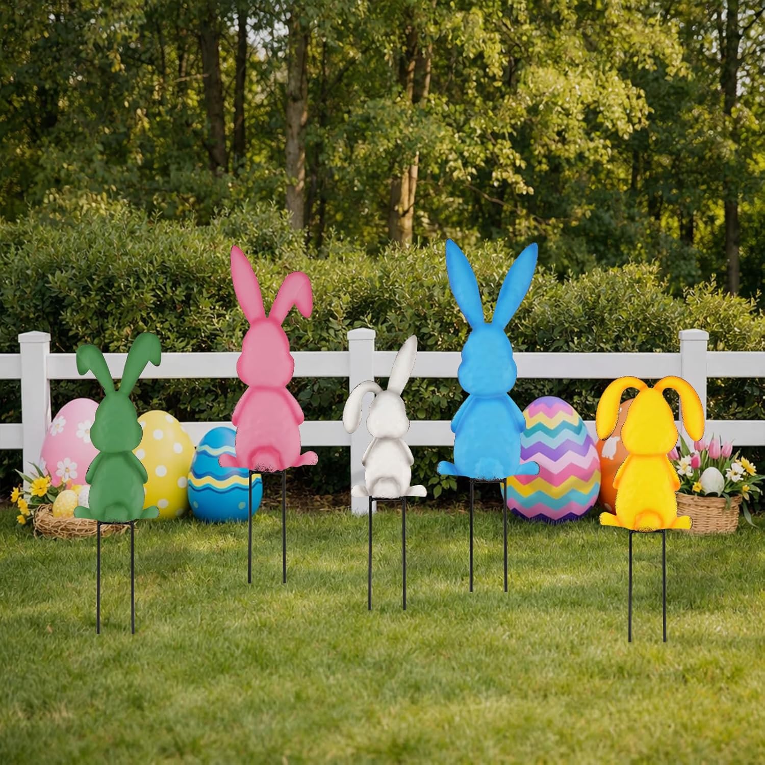 Metal Easter Yard Signs 5pcs with Stakes Welcome Peeps Bunny Garden Decorations Outdoor Holiday Welcome Signs for Happy Easter Themed Festival Party Supplies, Lawn, Garden Yard Decor
