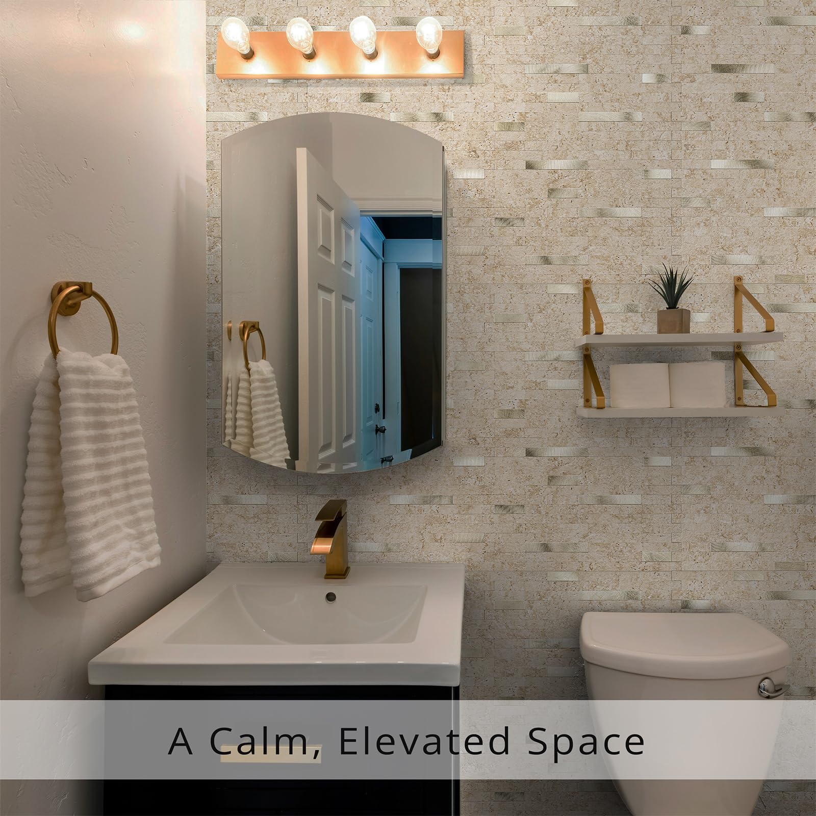 StyloVue 20 hojas para despegar y pegar contra salpicaduras para cocina, travertino clásico mejorado 2026 beige con detalles de metal dorado, azulejo adhesivo para salpicaduras de cocina, caravana