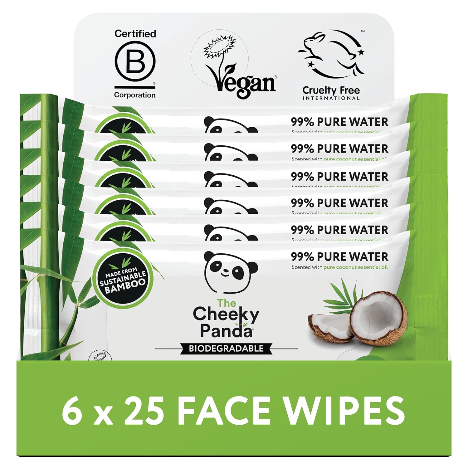 The Cheeky Panda Face Cleanser Makeup Remover Wipes Coconut Scented | 6 Packs of 25 Face Wipes | 99% Purified Water Wipes | Plant Based & Vegan Wet Wipes | Sustainable Alternative