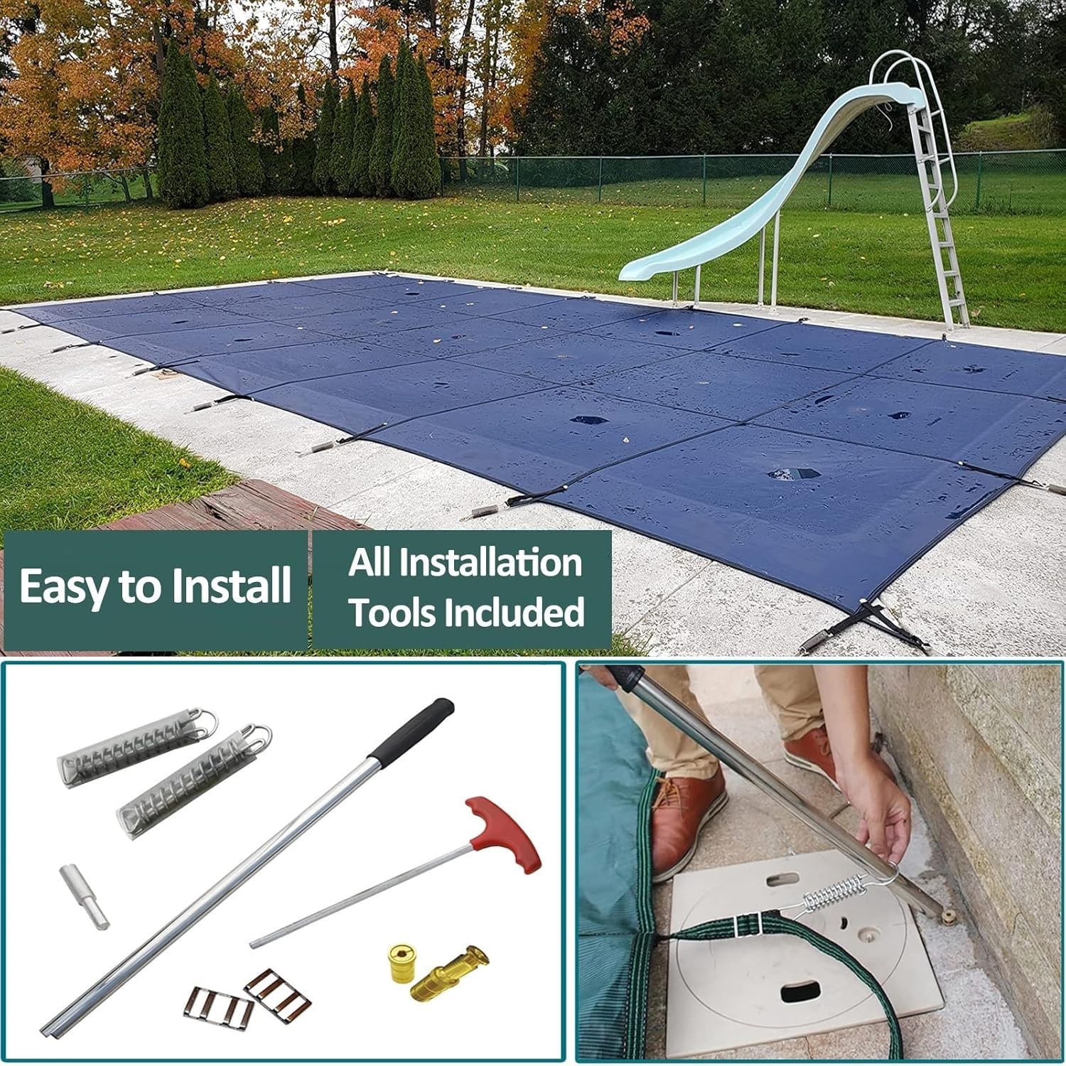 Cubierta de Piscina, Cubiertas de Seguridad de la Piscina de Malla Verde de Invierno con Herramienta de Accesorios de latón, Tamaño Personalizado(3.6m x 5.6m/11.8ft x 18.4ft)