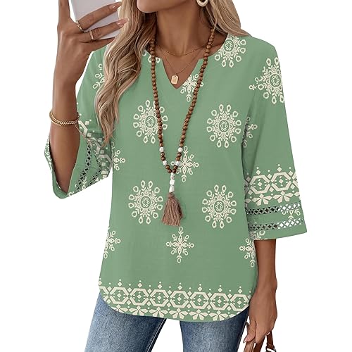 LOMON Womens 3/4 Sleeve V Neck Cotton Linen Bohemian Blouses Casual Loose Fit Tunic Tops Vacation Clothes