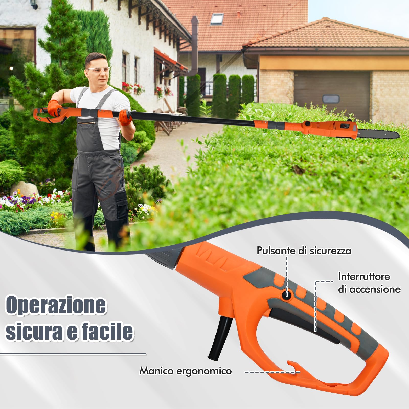 COSTWAY Motosega Telescopica Elettrica da 212-286 cm, Motosega Multiangolare 11 m/s Potenza 750 W con Testa Regolabile e Asta in Alluminio Retrattile, Installazione senza Attrezzi
