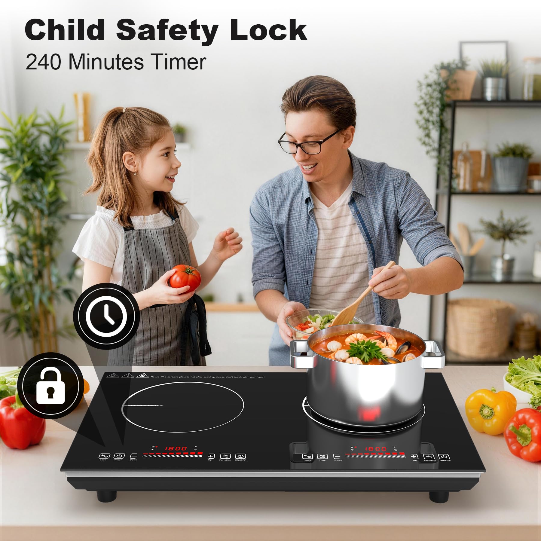 VBGK 2 burner Induction Hob,3600W Electric hob 2 burner with Knob Control,9 Power Levels, Kids Lock & Timer,LED touch control,double induction hob — view 6