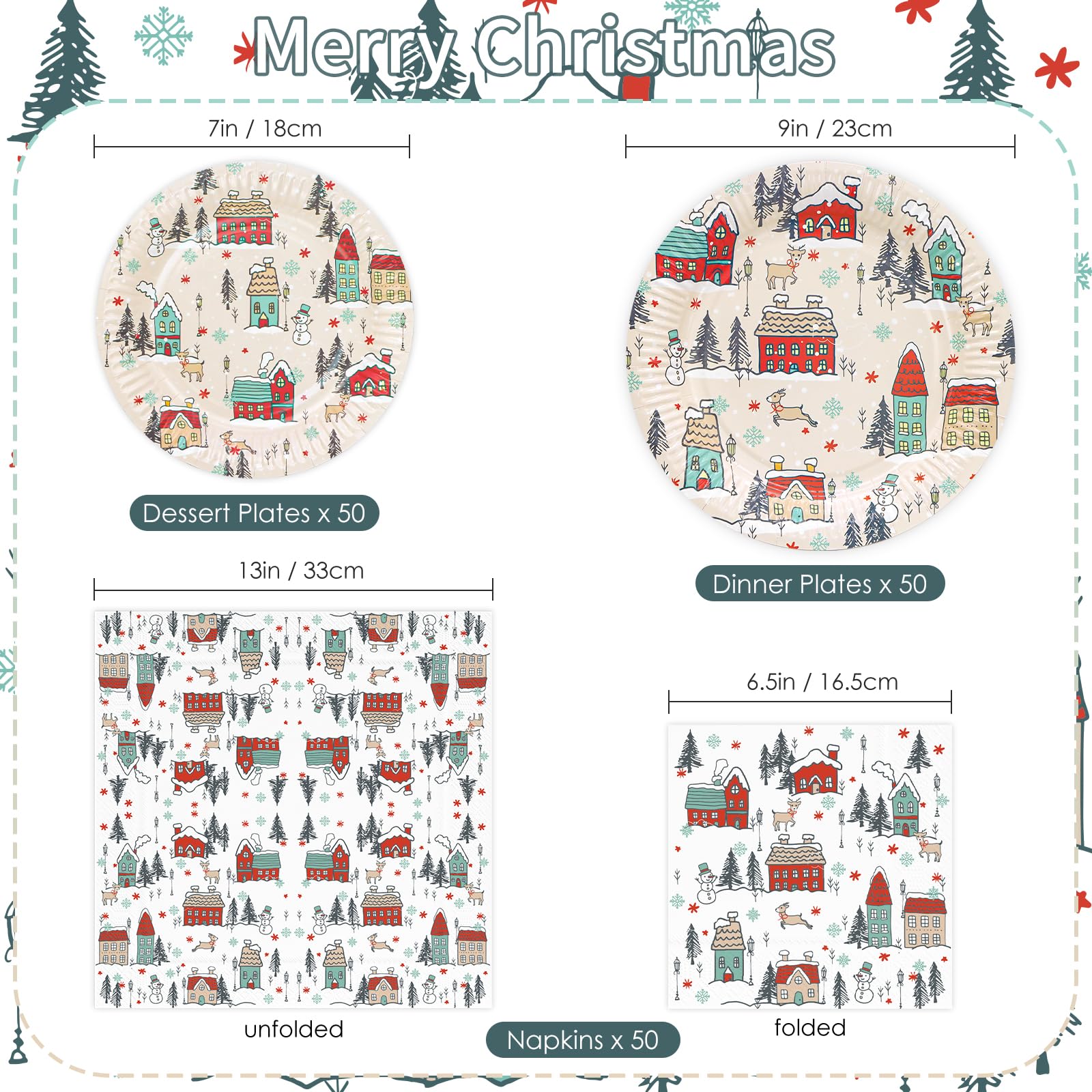 YY 150 Christmas Paper Plates and Napkins Set 9in Dinner Plates, 13in Disposable Paper Napkins, 7in Dessert Plates Christmas Village Dinnerware Party Supplies