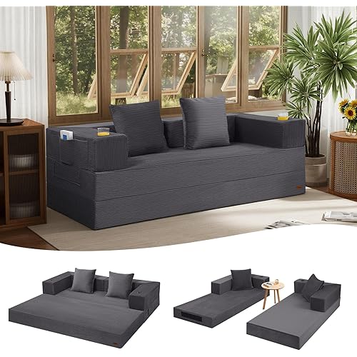 COMAX Boneless Couch, Futon Sofa Bed Couches Versatile Queen for Living Room, 79" 4 in 1 Convertible Sleeper Corduroy Couch Foam in a Box, Foldable Fold Out Floor Mattress No Assembly Required, Grey