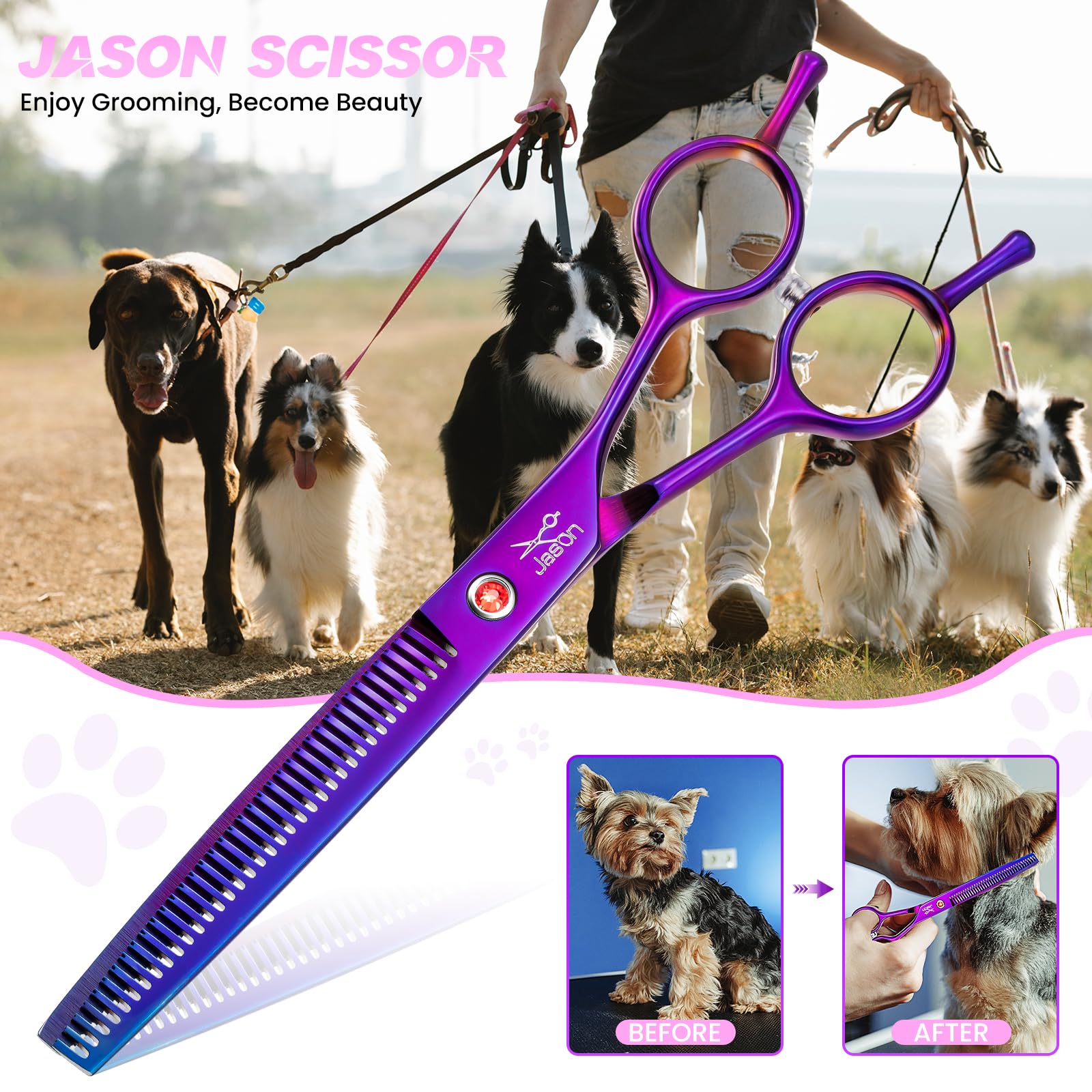 JASON Profi Effilierschere für Hunde - 7.5" Professionelle Ausdünnschere Hundeschere mit 36 Zähnen Japanische Edelstahl Fellschere für Hunde Katzen（Ausdünnungsschere mit 36 Zähnen,Lila）