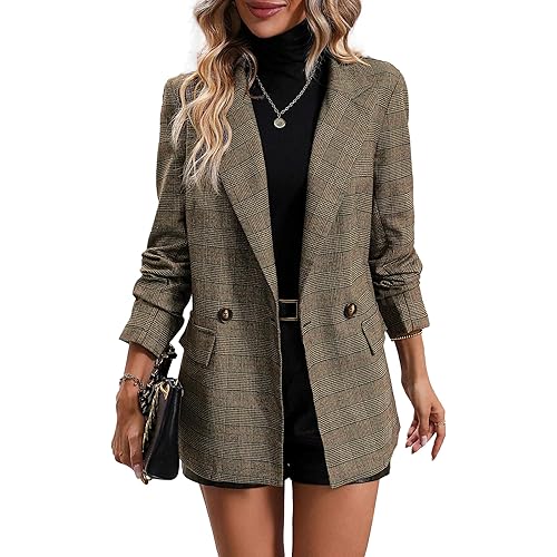 Mina Self Women's 2026 Spring Plaid Houndstooth Blazer Jacket - Fully Lined Button Lapel Casual Work Office Suit with Pockets