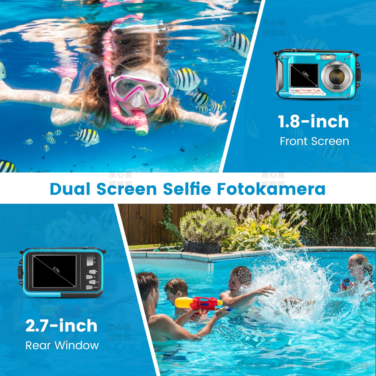 Cámara Digital Impermeable, Cámara Submarina HD 2.7K 48MP con Doble Pantalla para Buceo 3M para Nadar, Zoom Digital 16X Anti-Vibración, Azul