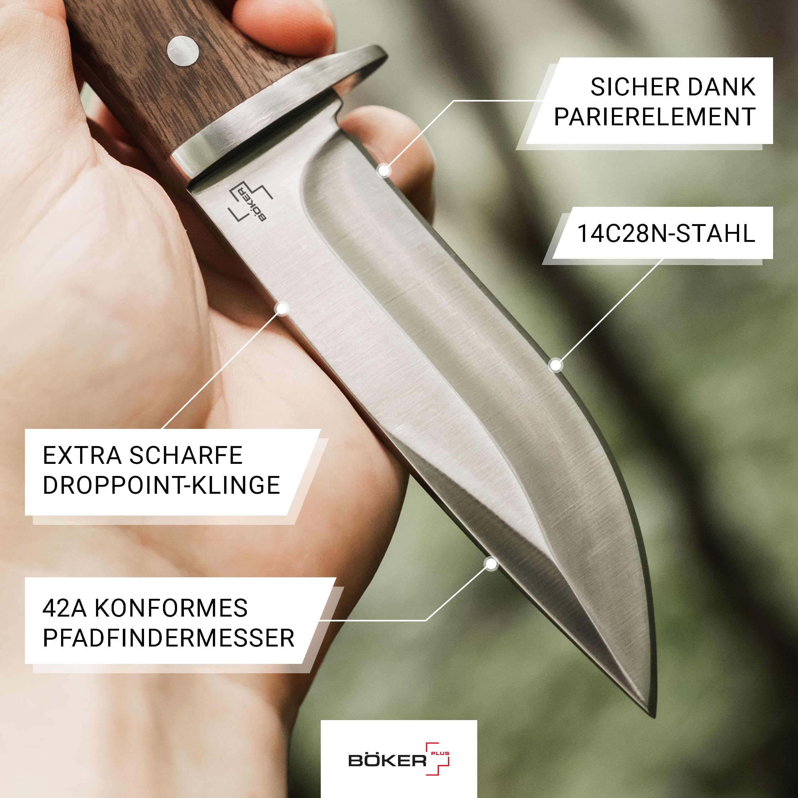 BÖKER PLUS® Walnut Drop Fahrtenmesser - feststehendes Bushcraft Messer mit 14C28N Sandvik Stahl unter 12 cm - Full Tang Outdoor & Jagdmesser extra scharf mit Holzgriff, Lederscheide & Parierelement