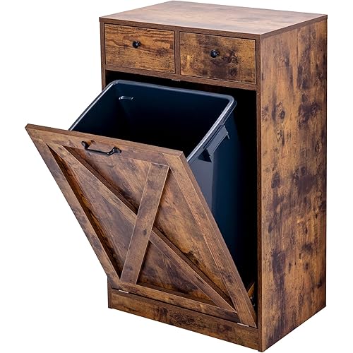 13 Gallons Tilt Out Trash Can Cabinet, Wooden Trash Cabinet with 2 Drawers, Free Standing Kichen Waste Bin Recycling Cabinet Pet Proof Hidden Trash Cabinet for Kitchen (Brown)