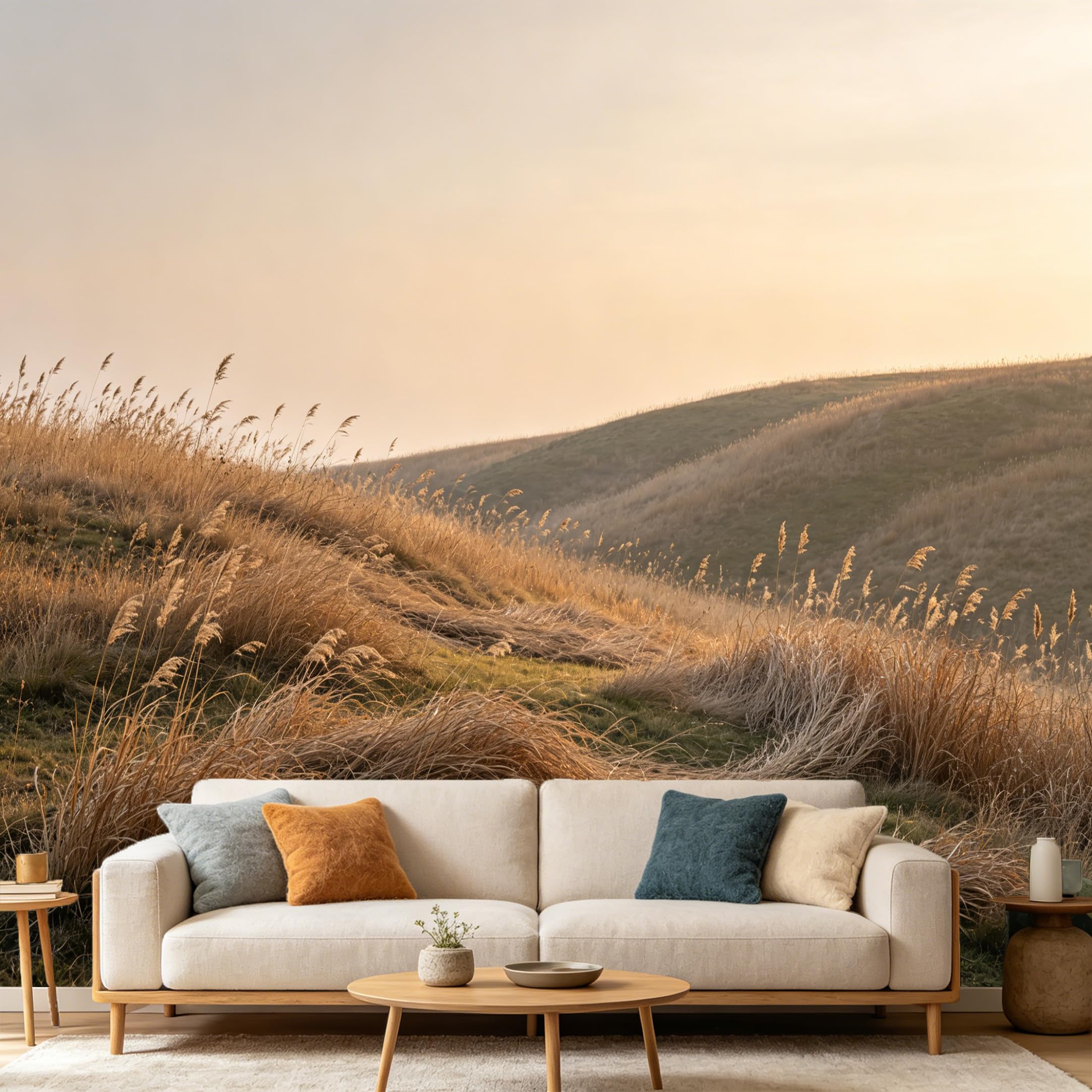Custom Size Wall Mural Golden Sunset Meadow Landscape Minimalist Nature Scenery SelfAdhesive Art Prints wall Fabric（No PVC） Removable Wallpaper Home Bedroom Decor