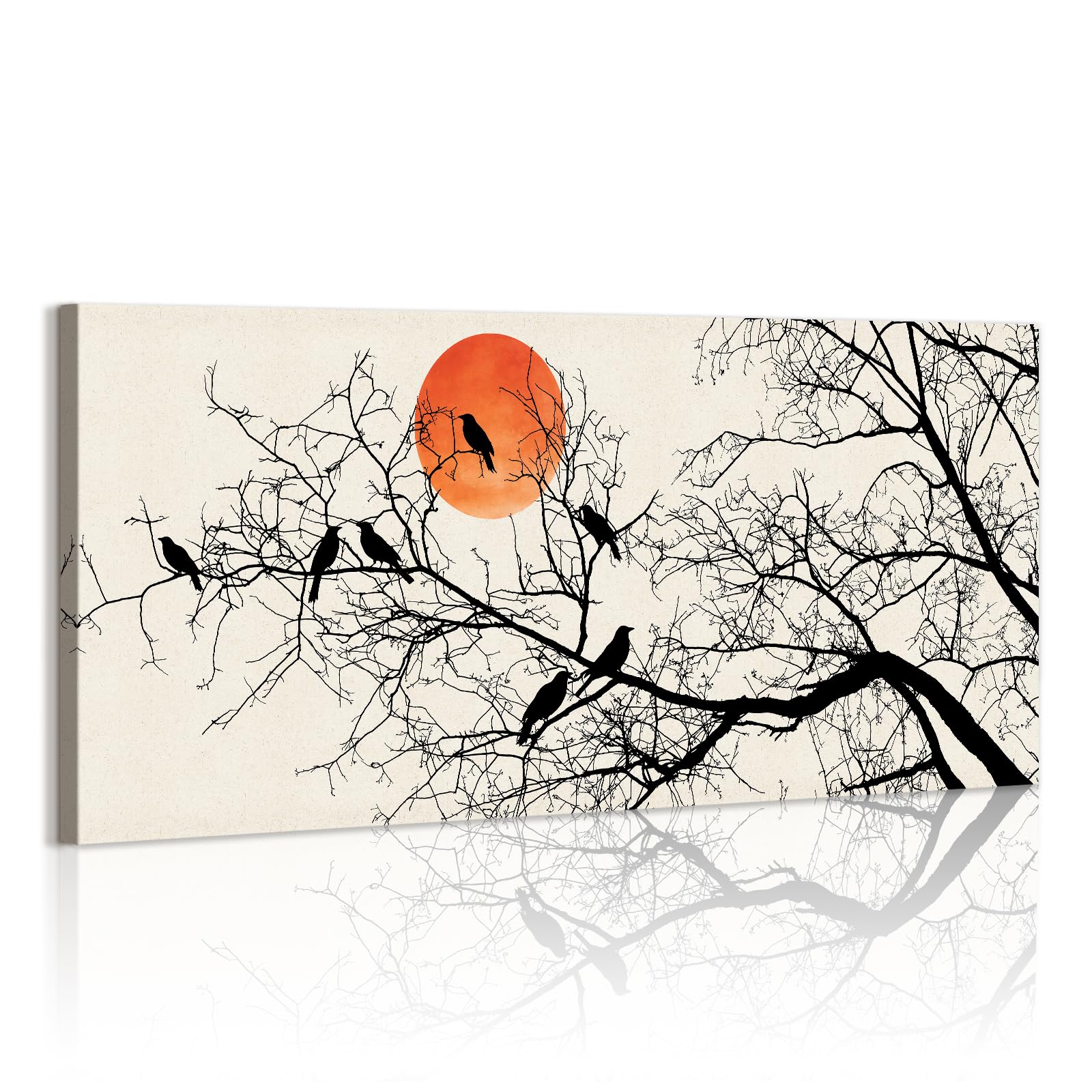WENGTIAO Abstract Withered Tree and Full Moon Large Canvas Wall Art Framed, Birds Perched on Branch Pictures Prints on Canvas for Modern Living Room Bedroom Home Wall Decor 120x50 cm