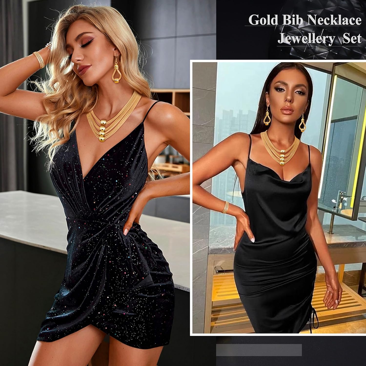 JOERICA 3Pcs Multi-Layer Bib Necklace African Jewelry Set for Women Choker Necklace Stretch Cuff Bracelet Dangle Earrings Halloween Costume Jewelry Set - Image 6