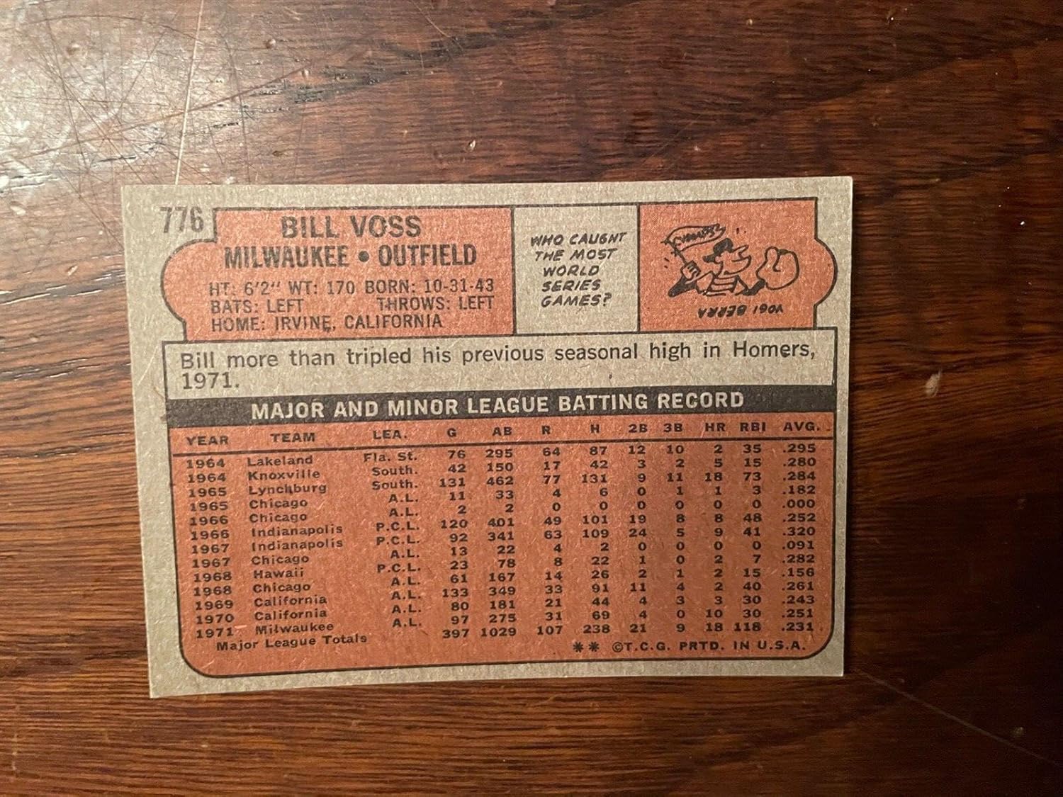 1972 Topps #776 Bill Voss Milwaukee Brewers Hi# Baseball Card Nm+ - Slabbed Baseball Cards