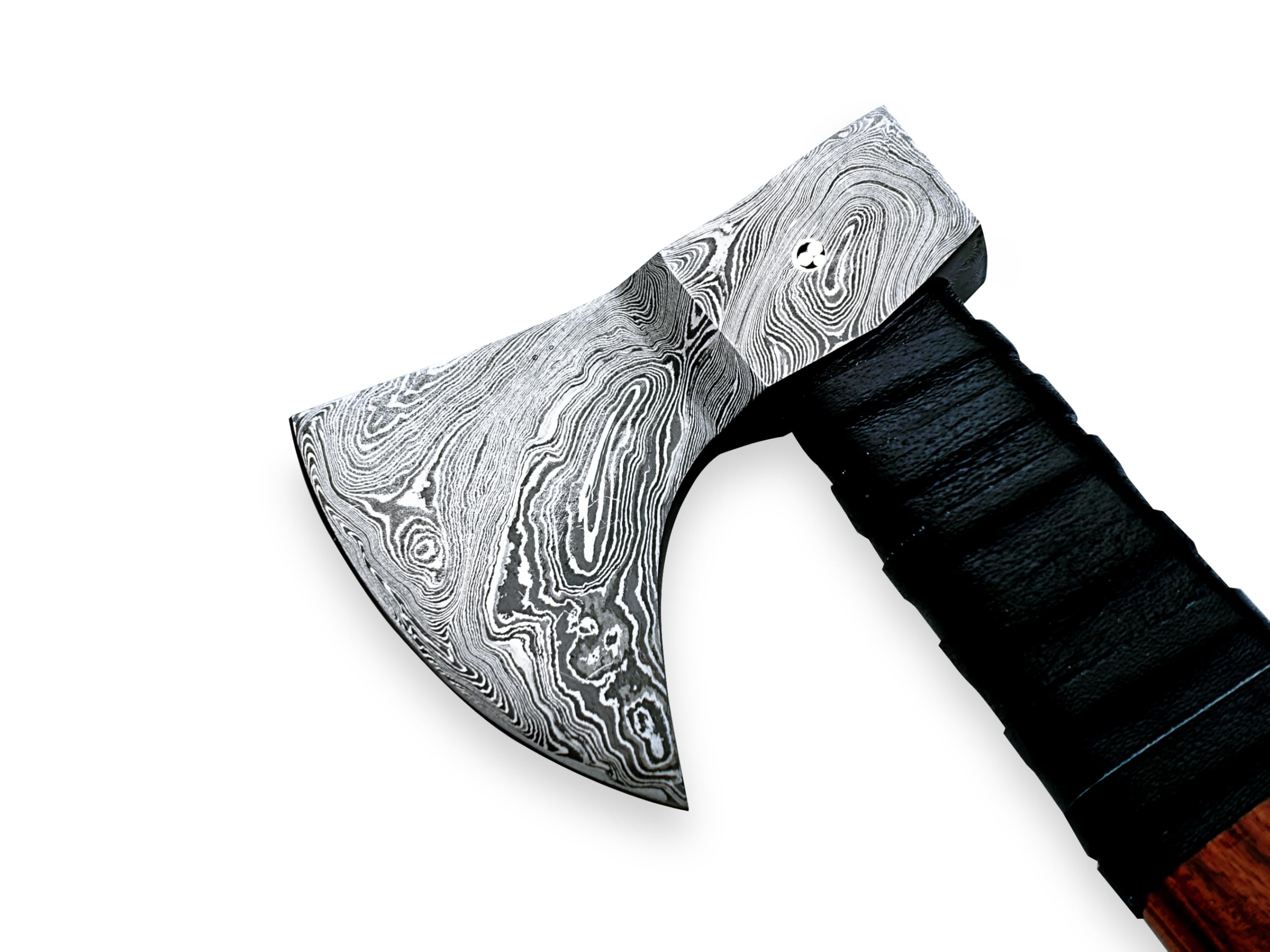 Hand Forged Damascus Steel Viking Axe with Rose Wood Handle & Leather Sheath – Camping, Survival, Bushcraft Hatchet OB-0786