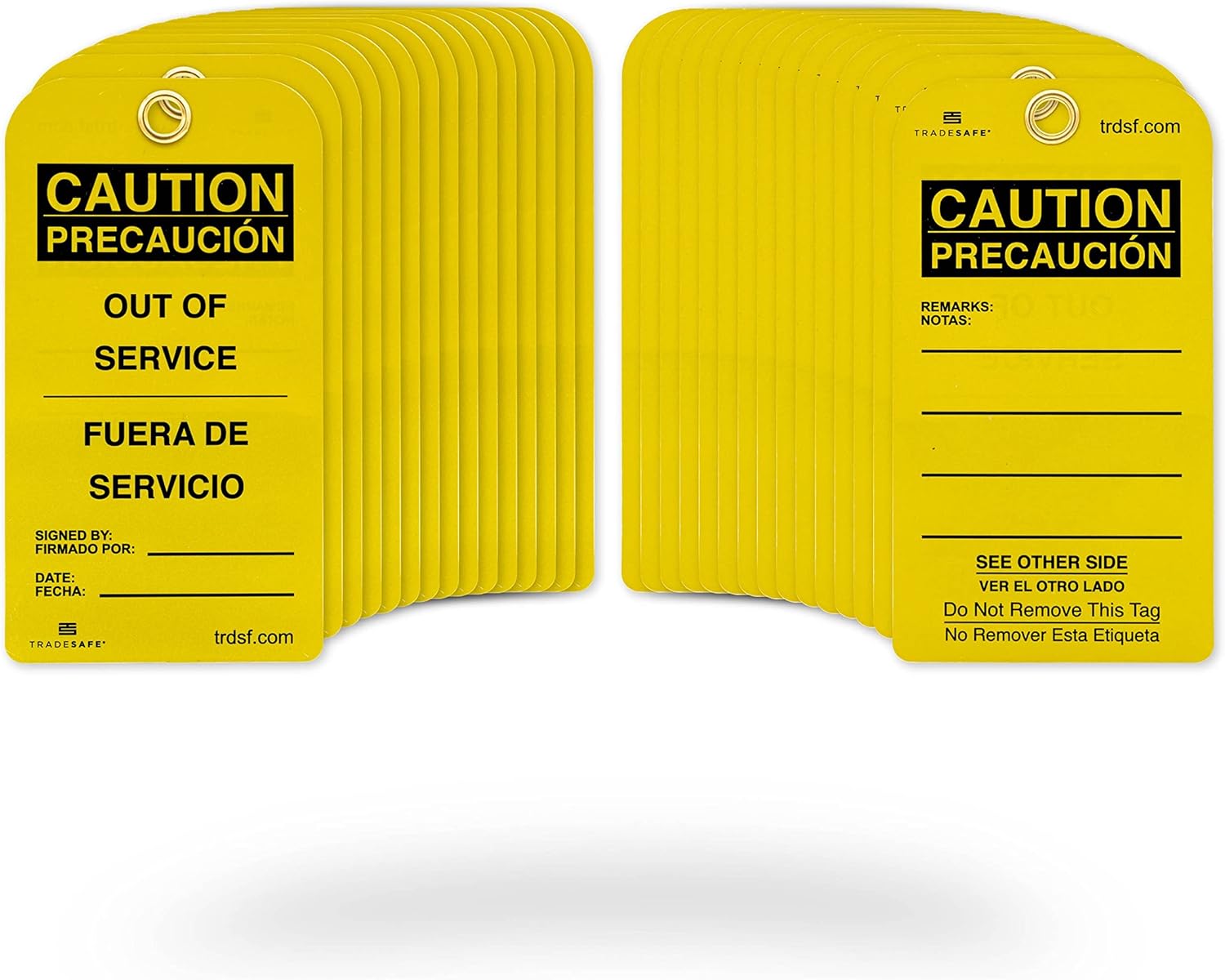 TRADESAFE Bilingual Out of Service Tags, Fuera de Servicio - 30 Yellow Caution Sign with 30 Cable Ties, Durable 32 mil Vinyl, Caution Tags for Equipment Repair or Service, Accident Prevention