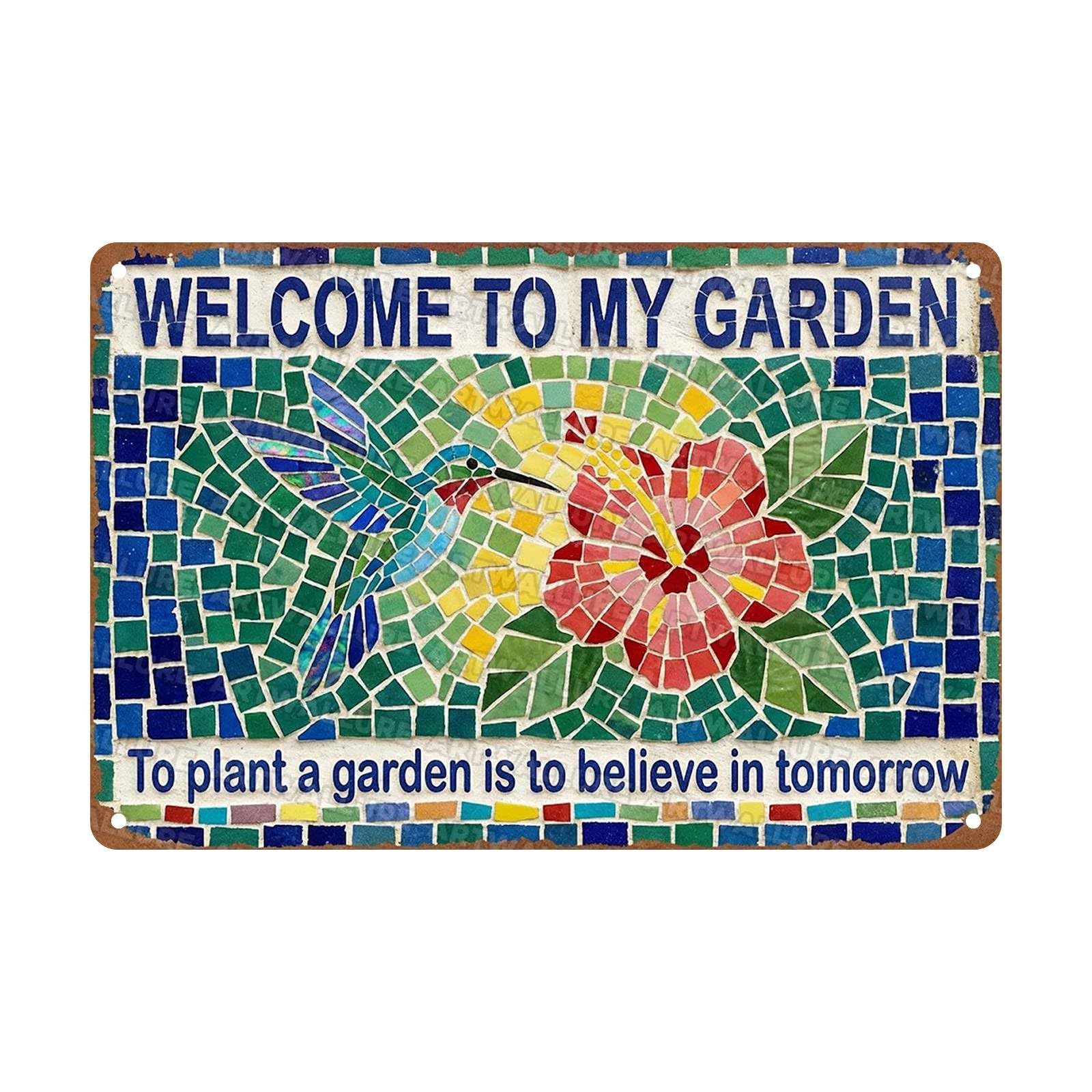 Hummingbird Garden Welcome Sign Colorful Hibiscus Metal Tin Tropical Floral Wall Art To Plant a Garden is to Believe in Tomorrow Poster for Outdoor Living Area Terrace 8x12Inch