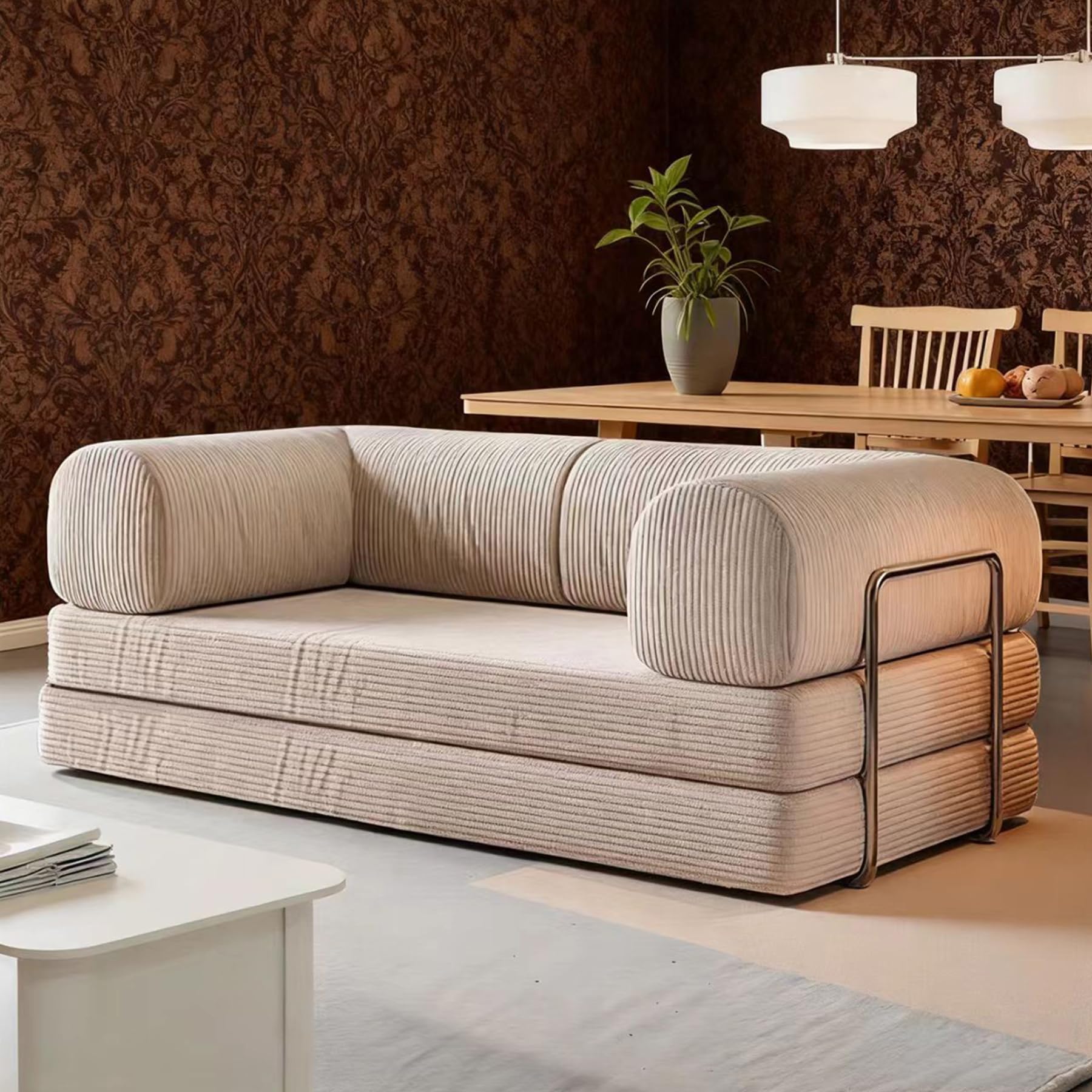 Schlafsofa aus Cord – 2-Sitzer klappbar zum Bodensofa mit Vollschaum – inkl. 2 Kissen & Stahlgestell – Beige,220 cm breit – Boneless,ohne Aufbau(Beige) L:220cm