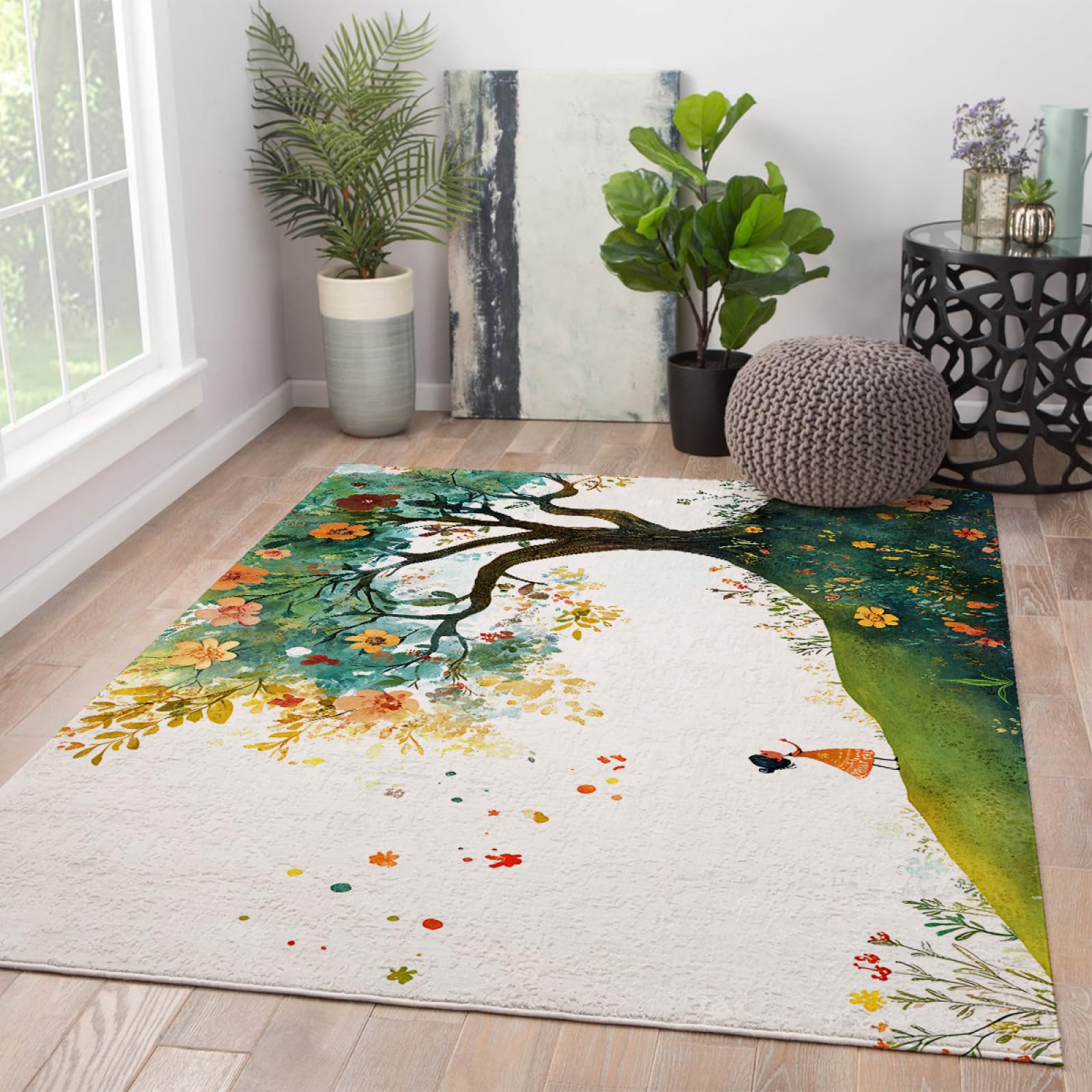 Tapis enfant lavable antidérapant à motif fleurs de salon