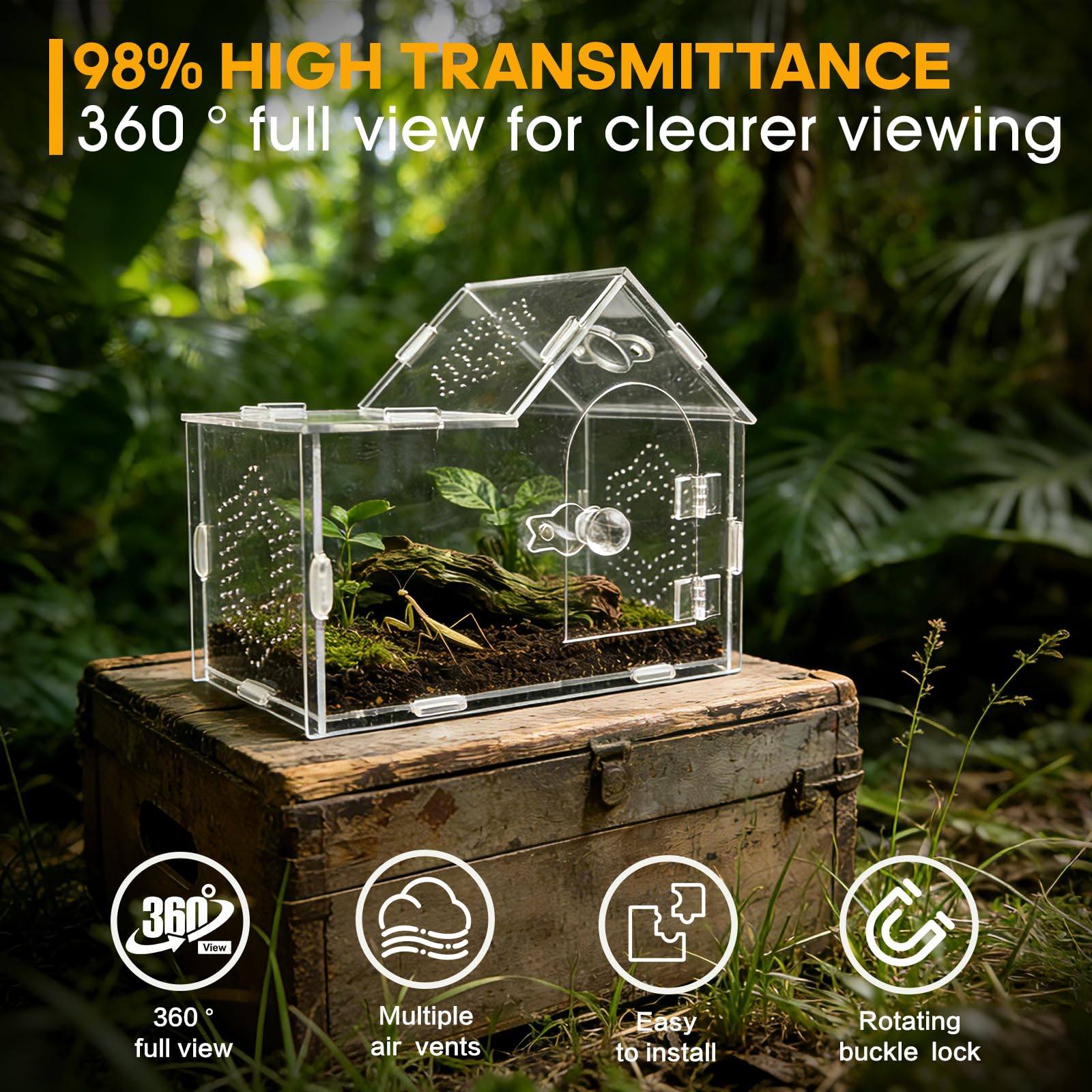 Enclos en acrylique pour araignée sauteuse avec fermeture magnétique - Boîte de terrarium transparente ventilée pour tarentules, geckos, mantes, bernards-ermites, escargots et autres petits - 3