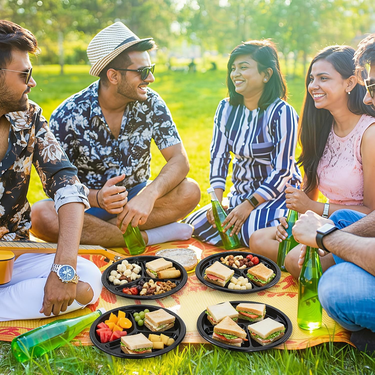 Umigy 100 Pcs 10 Inch 3 Compartments Divided Plastic Plates Bulk Colorful Disposable Heavy Duty Round Dinnerware for Valentine Wedding Birthday Party (Black) - Image 6