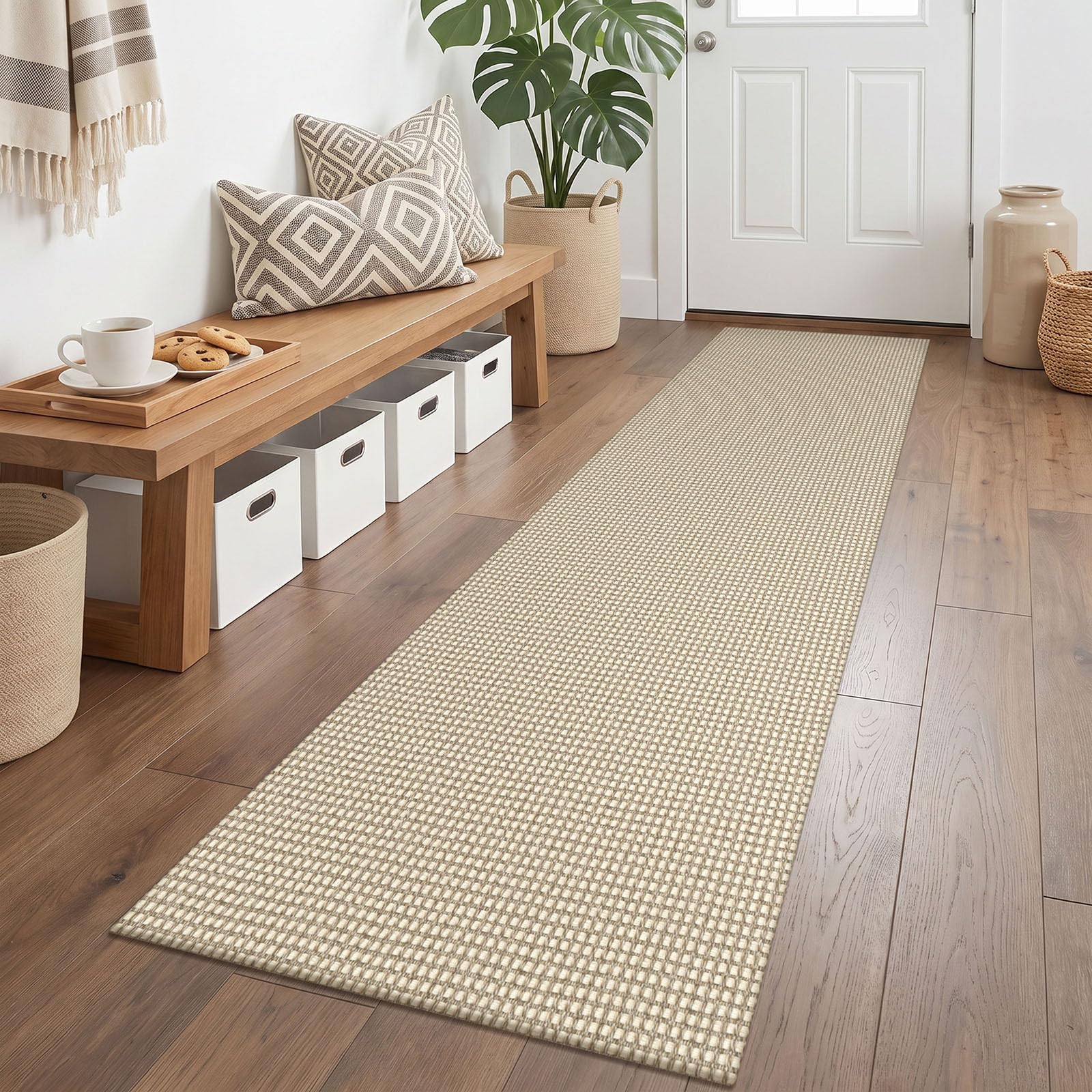 KOZYFLY Runners for Hallways 2x6 ft Washable Kitchen Runner Non Slip Rubber Backed Hall Runners Cotton Entryway Runner Rugs Floor Carpet for Indoor Backdoor Bedroom Kitchen, Ivory/Khaki — image 1