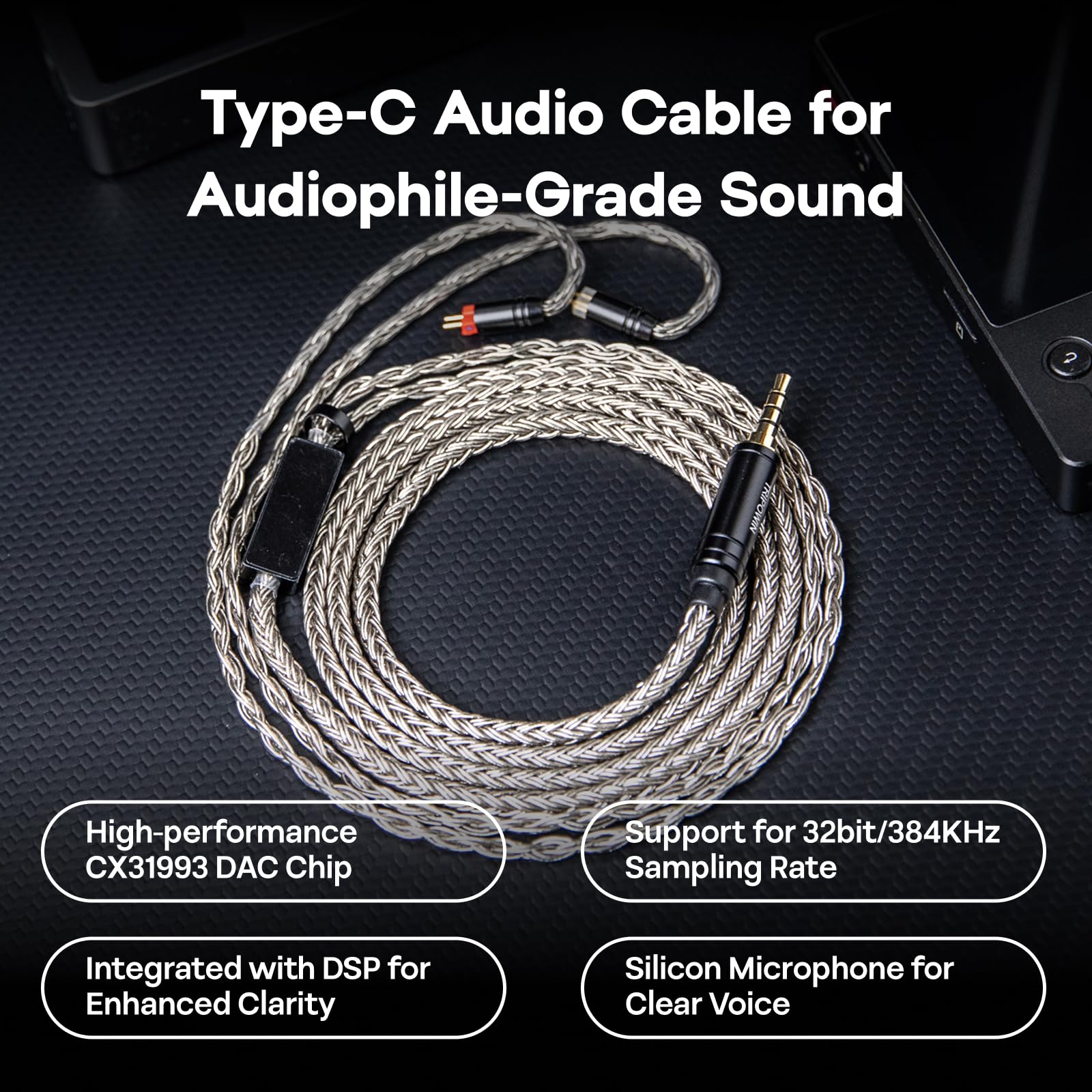 Linsoul Tripowin Zonie HiFi IEM Upgrade Kabel, mit Omni Mic, 16adriges Versilbertes SPC-Kopfhörerkabel, Typ-C/3,5-mm-Optionen, 1,25m Verwicklungsfreier Draht für Audiophile (Type-C, 2pin 0,78 mm)