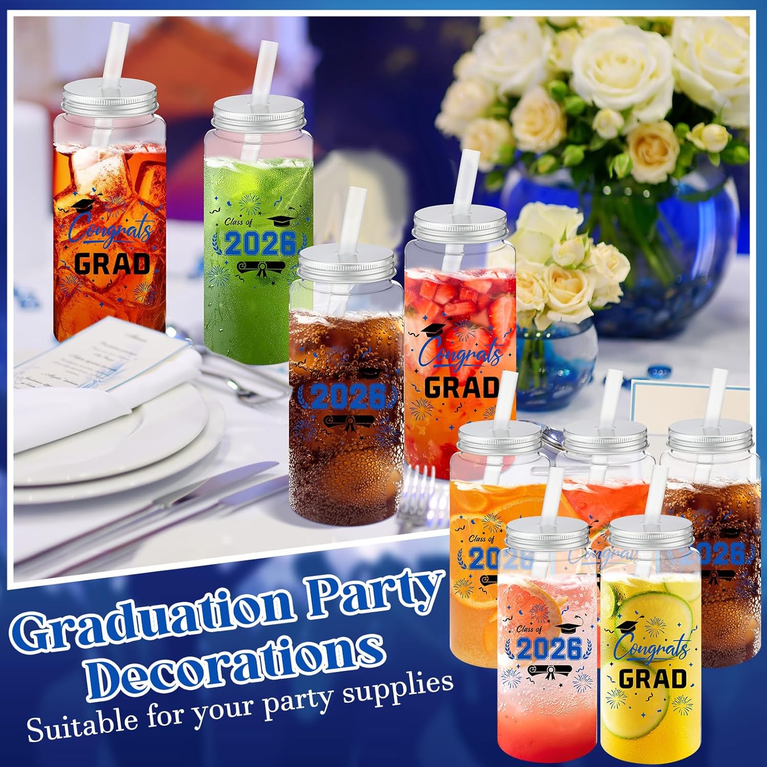 Pickmesh 36 Pcs Reusable Graduation Cups 13.5 oz Clear Plastic Tumblers with Lids and Straws Class of 2026 Party Supplies for Graduation Decorations and Congrats Grad Events(Black,Blue)