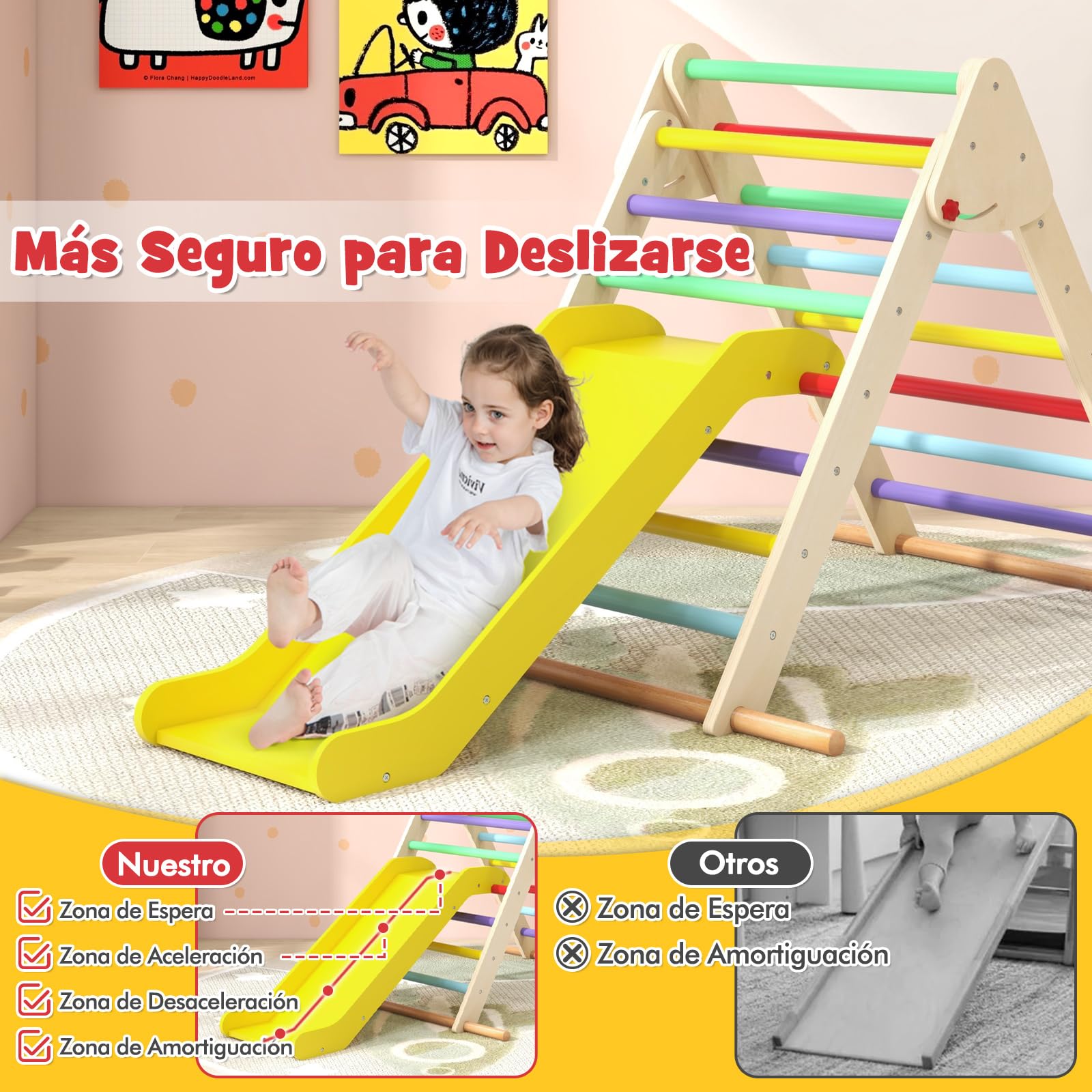 COSTWAY Juego de Triángulo de Escalada para Niños, Triángulo de Escalada Plegable con Rampa Ajustable y Bordes Lisos, Set de Trepa Montessori de Madera para Niños de 1+ Años (Multicolor)