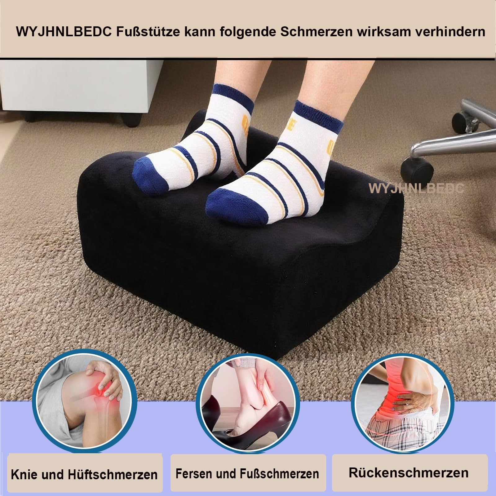 Fußstütze Schreibtisch Ergonomische Fußstützen Büro | Premium Schaumstoffkern Abnehmbarer Deckel Rutschfester Fußablage für unter Schreibtisch Rücken Hüftschmerzen Schwarz Mittel