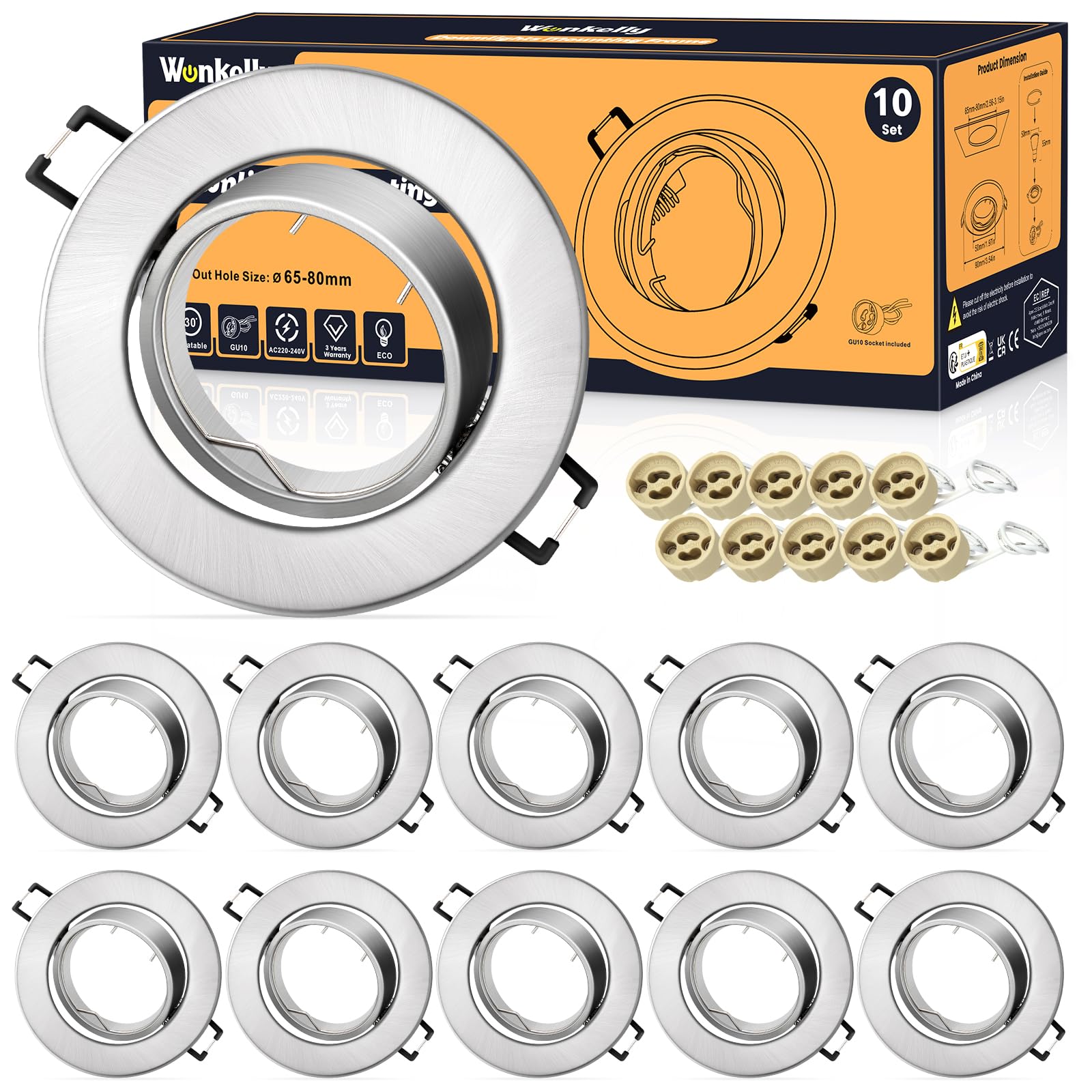 LED Einbaustrahler GU10 Set, (inkl. GU10 Fassung), LED Spots 230V, Lochdurchmesser 68mm, Einbaurahmen In Rund, Chrom-Gebürstet, 30° Schwenkbar, Einbauspots aus Metall, für Einbaubeleuchtung（10 Stück）