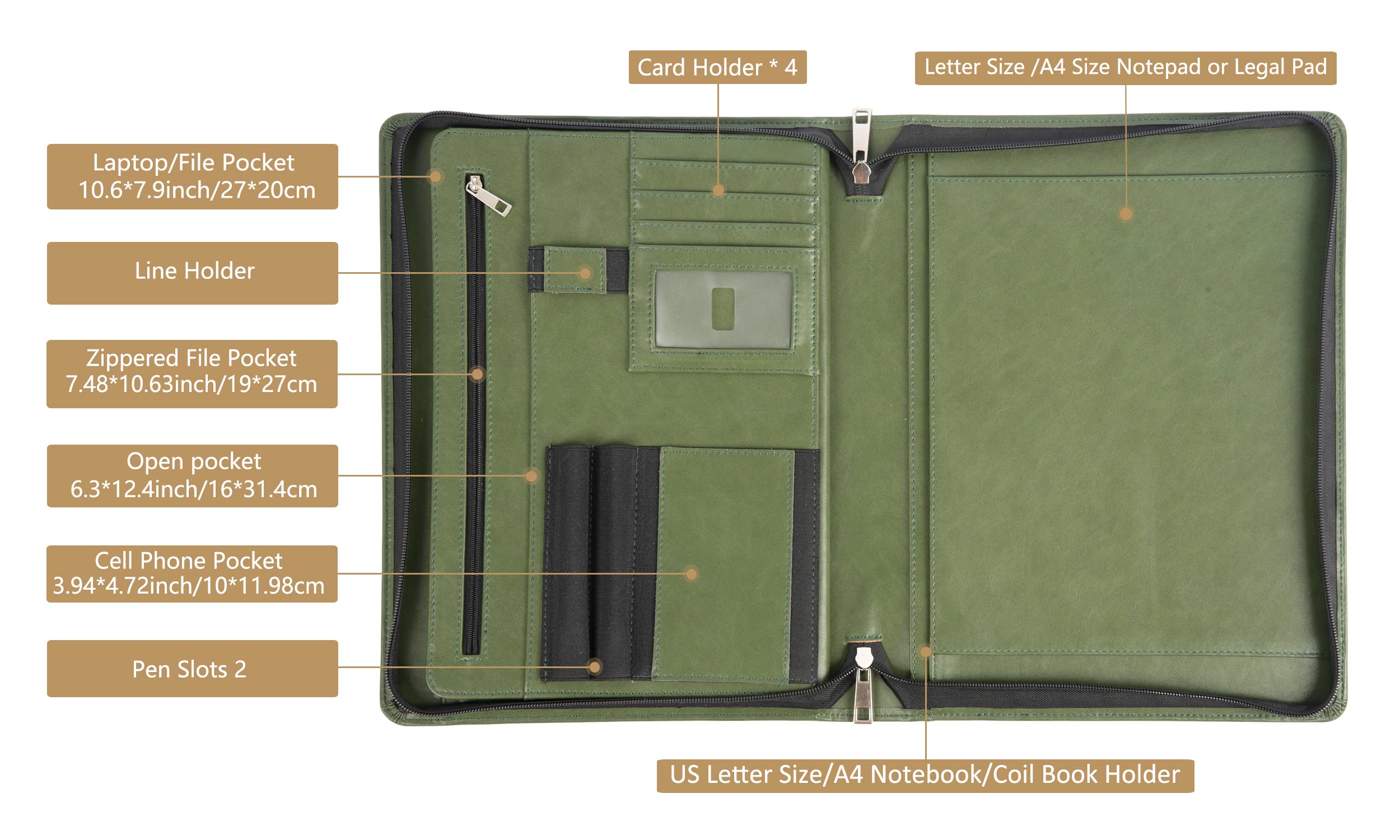Calfinder Porte-documents en cuir végétalien personnalisé A4 avec gravure de nom gratuit, rose pour femme, moderne, vert